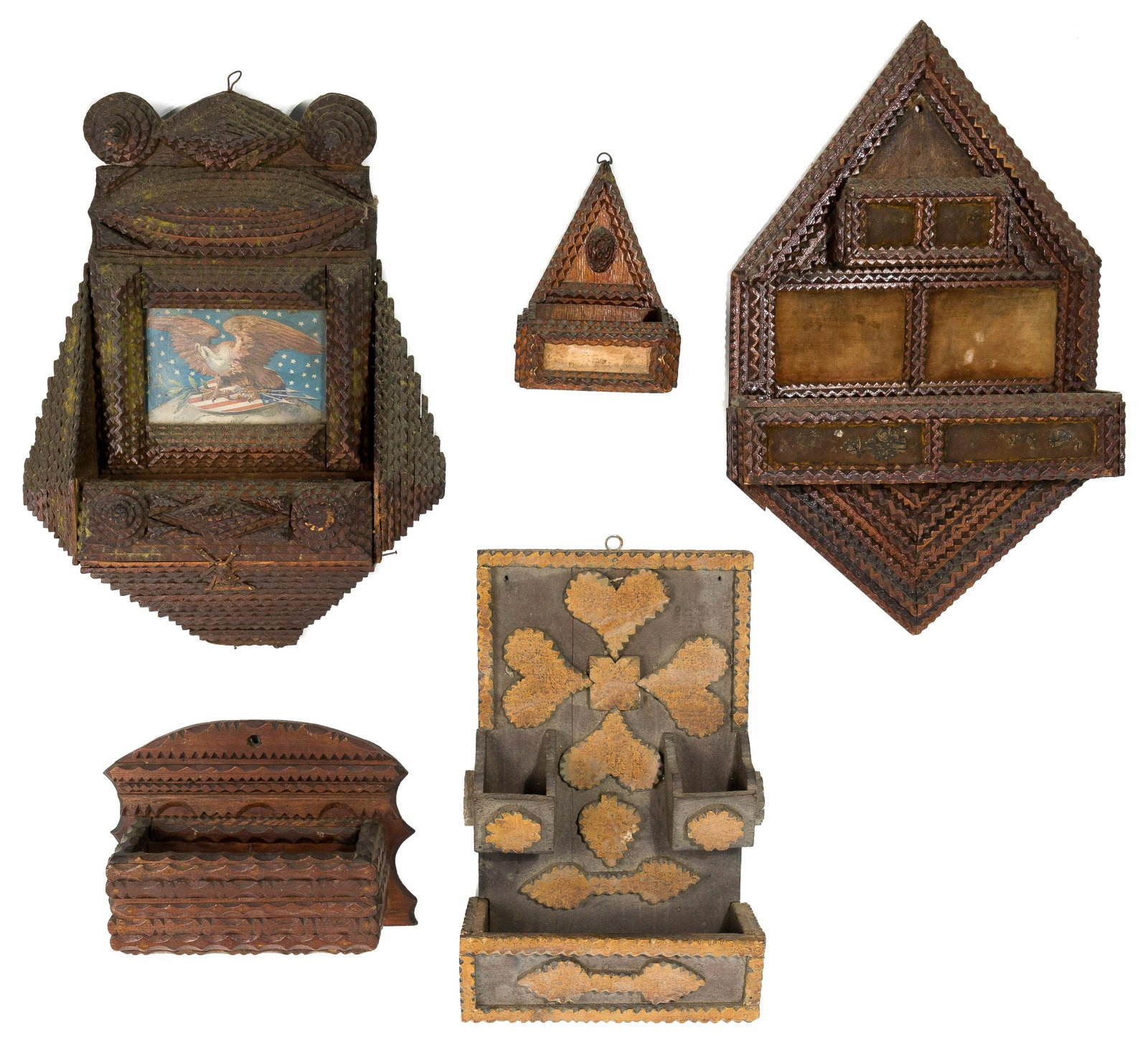 Tramp Art Hanging Shelf Assortment: Tramp Art Hanging Shelf Assortment (5) items including one having framed eagle print at center and metal windmill decor at lower center; another having two small compartments above a larger one; a fab