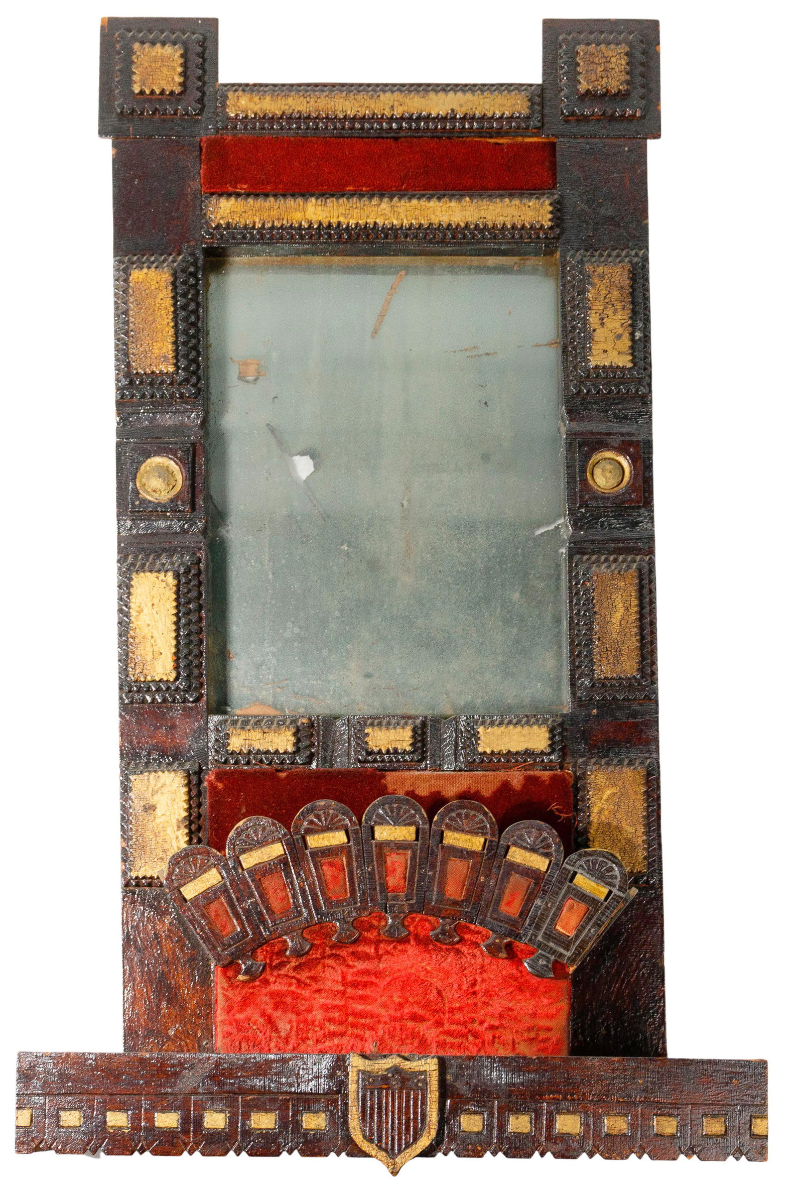Tramp Art Mirrored Wall Pocket: Tramp Art Mirrored Wall Pocket Mirror housed in an assembled chip-carved frame, having touches of gold paint and velveteen panels, rising from a scored and notched shelf having an applied Federal styl
