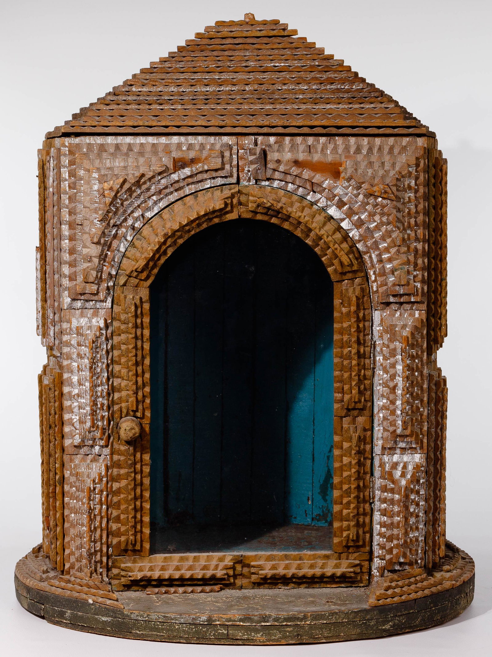 Tramp Art Tabernacle: Tramp Art Tabernacle Having arch-topped door with glass insert, light white wash finish, barrel-top base and wood nob Property from: the Joshua B. Kind Trust. Joshua B. Kind was a Professor of Art His