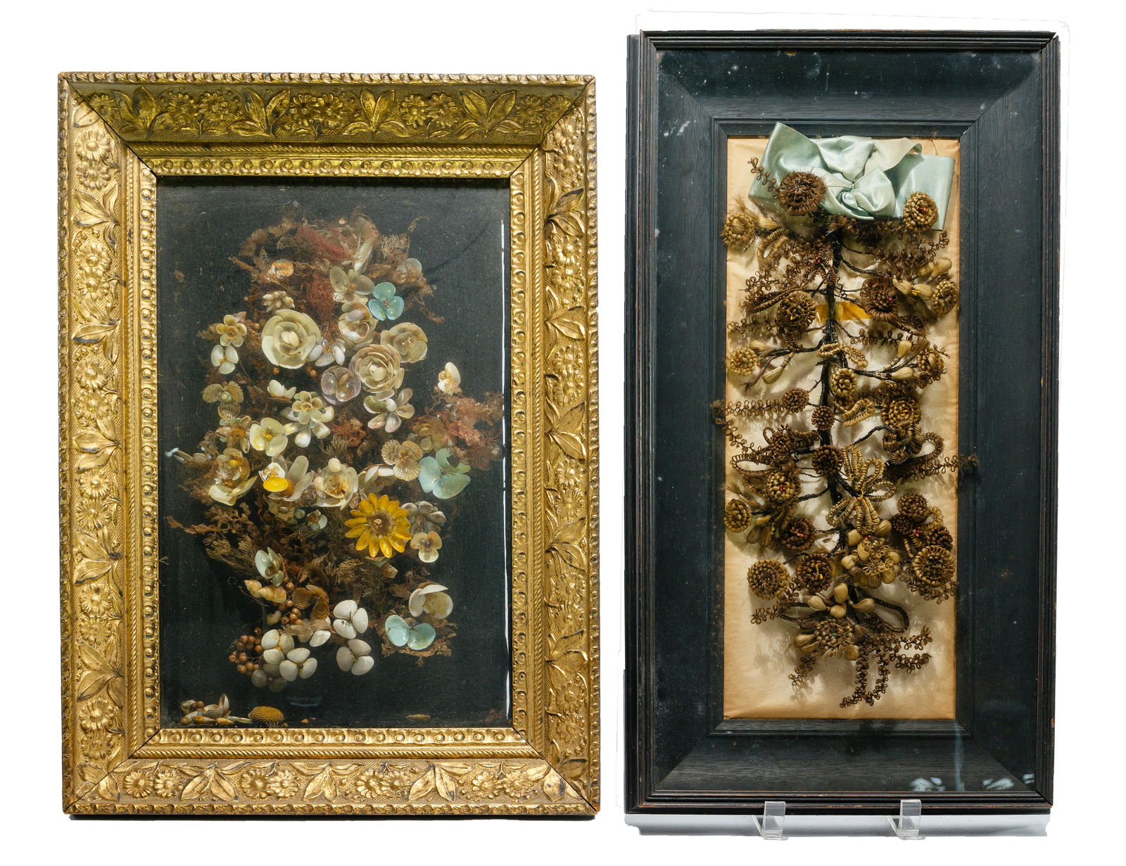 Victorian Shell Art and Mourning Tree: Victorian Shell Art and Mourning Tree (2) items including an arrangement made of shells and dried flowers framed in a gold carved shadow box; and a mourning memento having flowers made from human hair