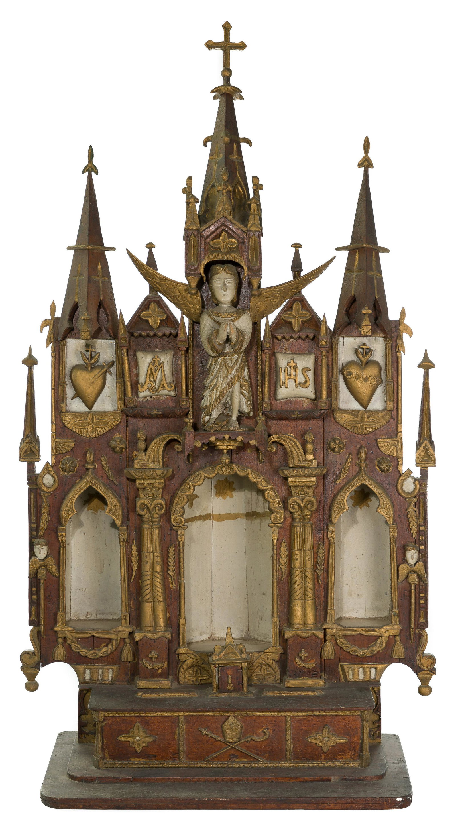 Gothic Revival Carved Wood Altar: Gothic Revival Carved Wood Altar c.1918; naive altar model assembled from carved elements partially painted in gold and white, including an angel having wings outspread beneath the central spire, flan