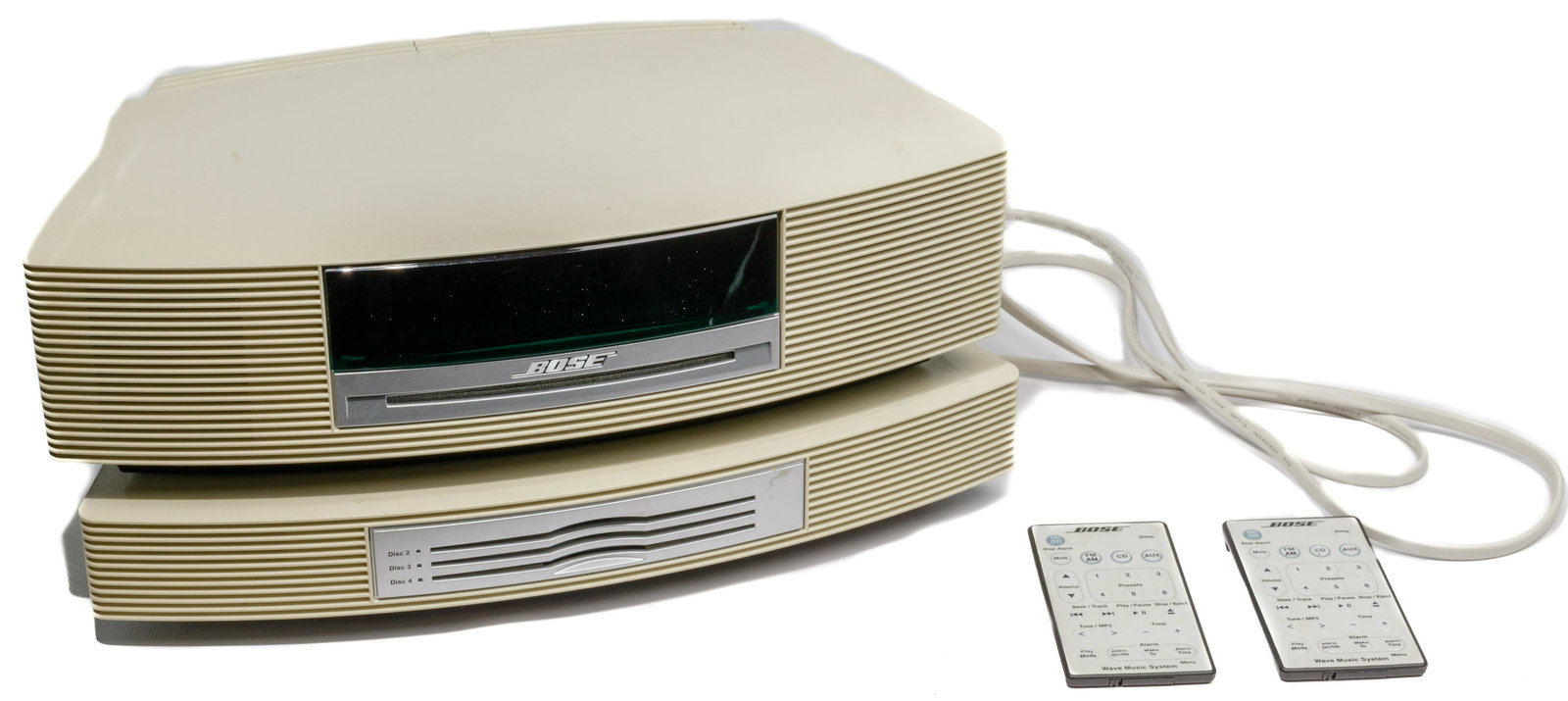 Bose Wave Music System Multi-CD Changer: Bose Wave Music System Multi-CD Changer Beige / white, serial #AWRCC2, AM/FM clock radio with CD, add-on 3-CD changer and two remotes Height: 6 1/2 inches, Width: 14 1/2 inches, Depth: 8 1/2 inches (b