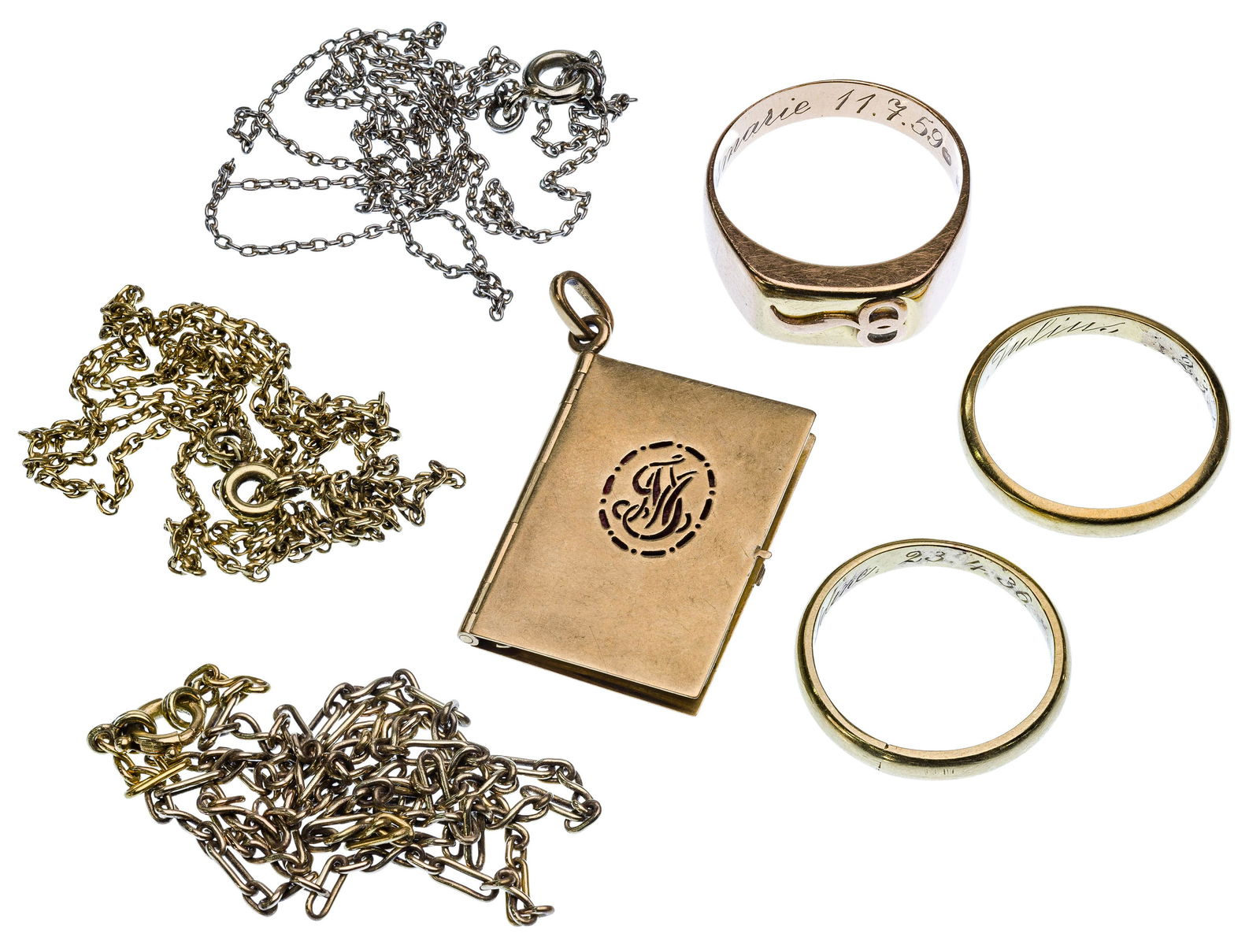 Platinum and 14k Yellow Gold Jewelry Assortment: Platinum and 14k Yellow Gold Jewelry Assortment (7) items including a platinum necklace and gold including (2) necklaces; (3) rings; and a calendar book charm; most marked '585' Length: 20 inches (lon