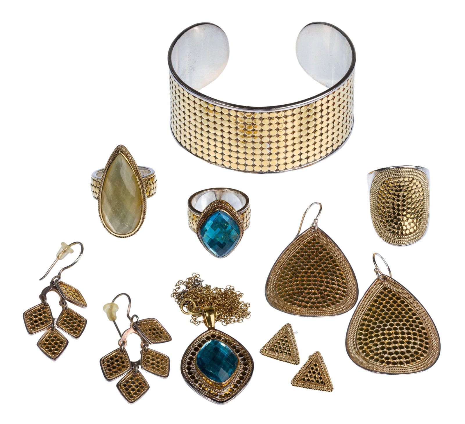 Anna Beck Sterling Silver Jewelry Assortment: Anna Beck Sterling Silver Jewelry Assortment (8) items, all having gold-tone textured dotting over silver design, including (3) rings with one having a light yellow pear shaped faceted glass stone and