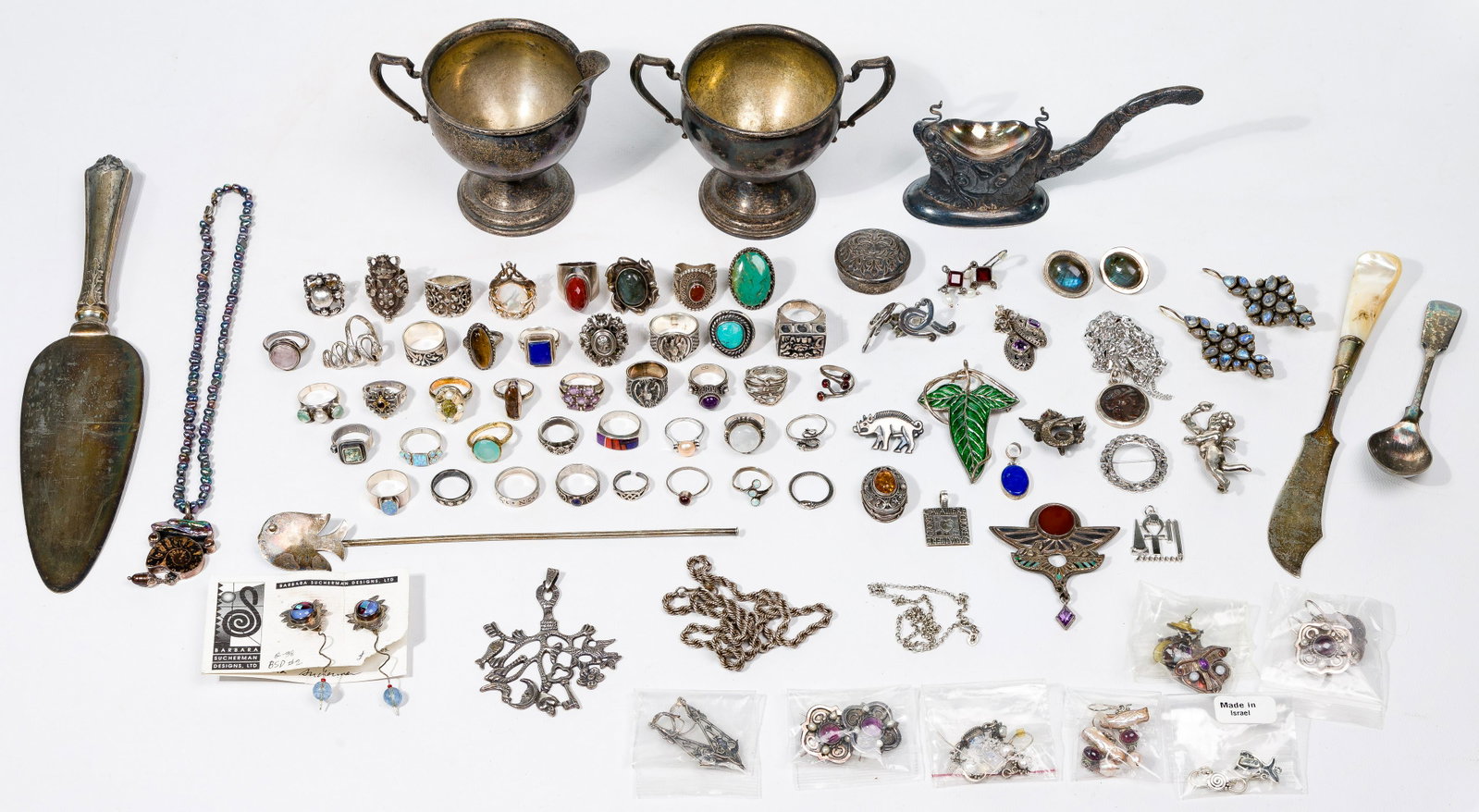 Sterling Silver and European Silver (800) Jewelry: Sterling Silver and European Silver (800) Jewelry Assortment Including earrings, rings, necklaces, pins, bracelets and pendants; together with a Vietnamese opium holder by Phuong & Sons; sterling silv