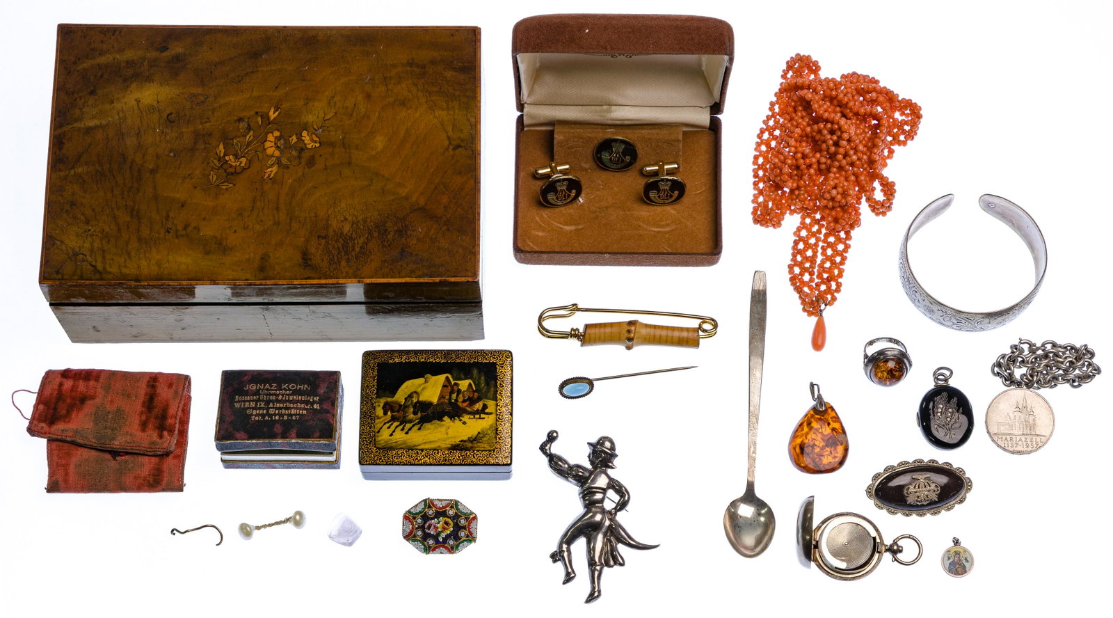Sterling Silver, European Silver (800), Costume Jewelry: Sterling Silver, European Silver (800), Costume Jewelry and Box Assortment (9) silver items including a coin locket marked with lion passant, amber pendant marked '830', an enamel religious pendant ma