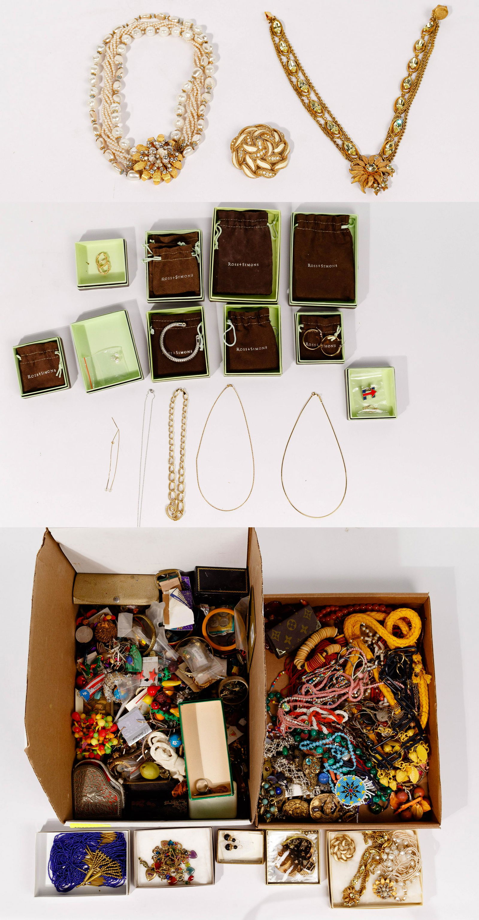 Costume Jewelry and Watch Assortment: Costume Jewelry and Watch Assortment Approximately (18) pounds featuring a Miriam Haskell necklace, Original by Robert necklace, Ciner brooch and Victorian costume jewelry; some Ross and Simon pieces