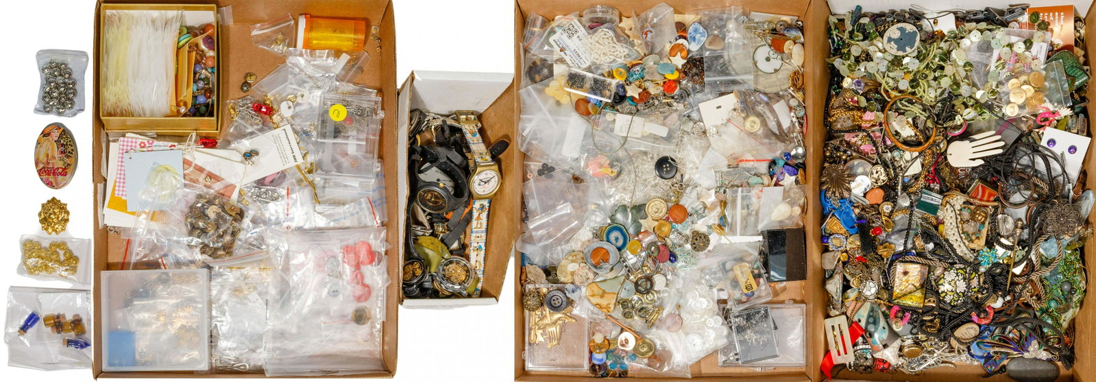 Costume Jewelry, Buttons and Watch Assortment: Costume Jewelry, Buttons and Watch Assortment Approximately (20) pounds including hand-crafted bracelets, necklaces, brooches, earrings, lockets, watches and Elgin stop watch; jewelry making items inc