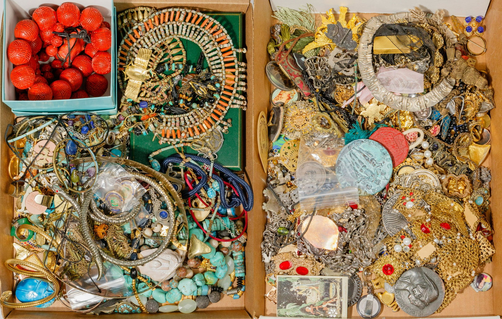Egyptian, Renaissance and Asian Jewelry Assortment: Egyptian, Renaissance and Asian Jewelry Assortment Approximately (18) pounds featuring a silver tone mesh snake necklace and bracelet, a 'R Tenn' pewter necklace, several 'Fiorenza' brooches, watch pe