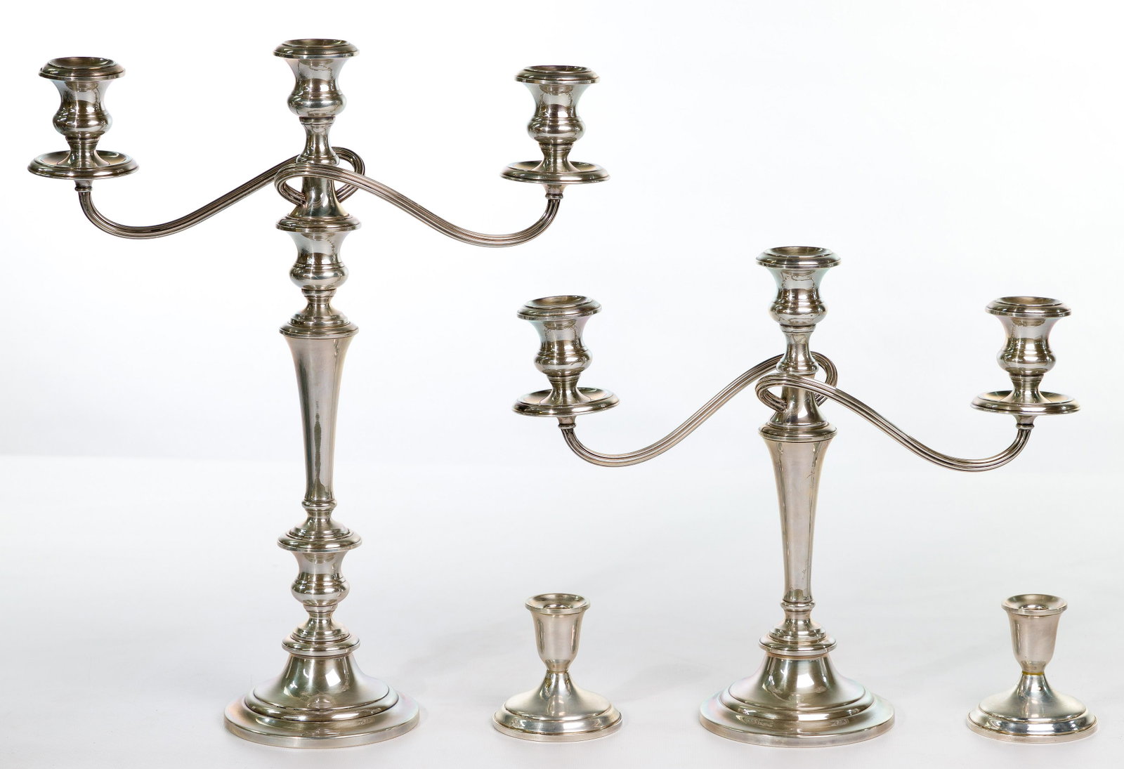 Sterling Silver Candle Holder Assortment: Sterling Silver Candle Holder Assortment (4) items including (2) Gorham pattern #770 and (2) Hess & Culbertson; all weighted; all marked 'sterling' Height: 17 1/4 inches, Width: 14 inches (Gorham) Con