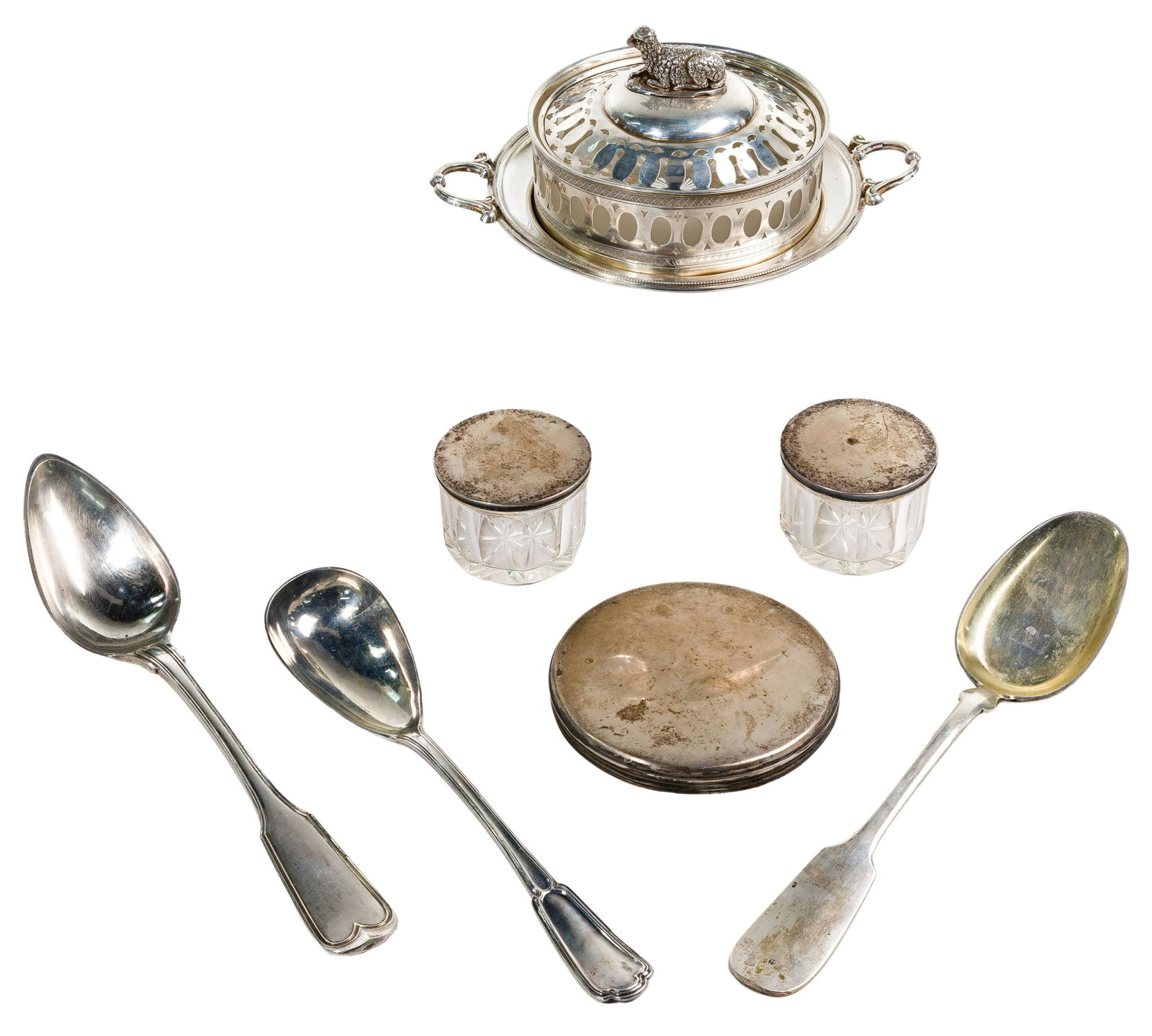 Austrian Silver (812) Assortment: Austrian Silver (812) Assortment (7) items including a serving dish having lamb finial cover and glass lining illegibly dated with 'AK' mark; 1857 serving spoon marked 'M&K'; serving spoon marked 'HAG