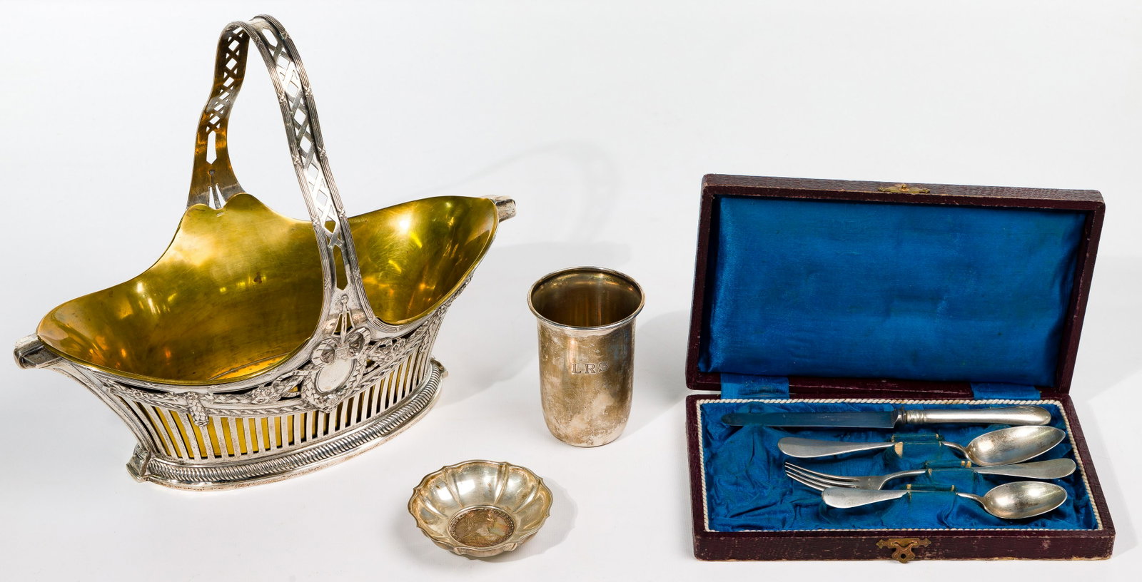 European Silver (800) Flatware and Hollowware: European Silver (800) Flatware and Hollowware Assortment (7) items including a Bremer Silberwarenfabrik openwork basket having brass interior lining marked 'Unecht'; trinket dish and cup with Maria Th