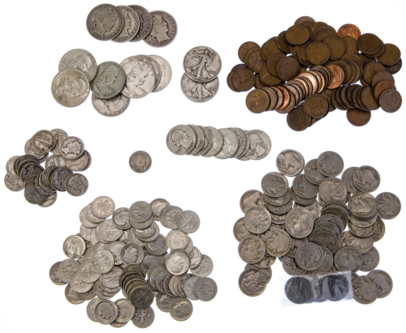 US Coins Assortment: US Coins Assortment $20.65 face value US 90% silver including a 1907 Barber 10c, (32) Mercury 10c, (81) Roosevelt 10c, (9) Washington 25c, (4) Barber 50c, (2) Walking Liberty 50c and (8) Franklin 50c;