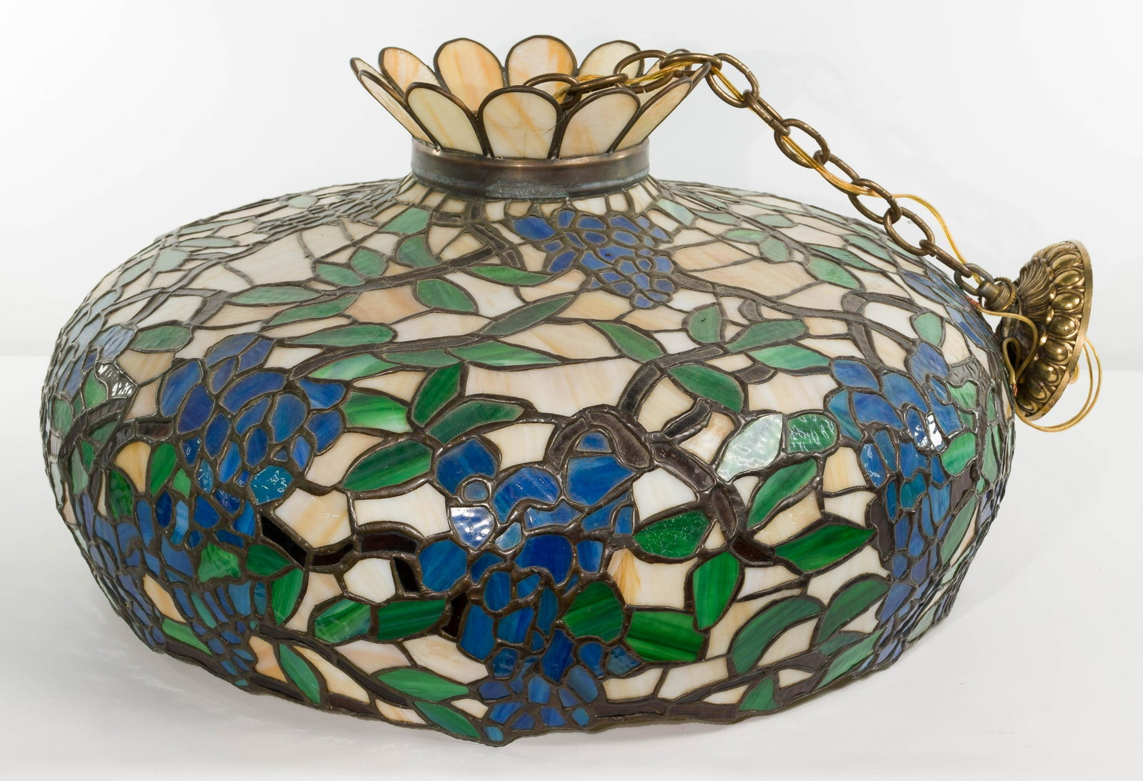 Stained Glass Style Acrylic Pendant Lamp: Stained Glass Style Acrylic Pendant Lamp (3)-socket pendant having liquid leading over polychrome slag acrylic depicting a floral motif Property from: an Inverness, Illinois estate Height: 32 1/2 inch