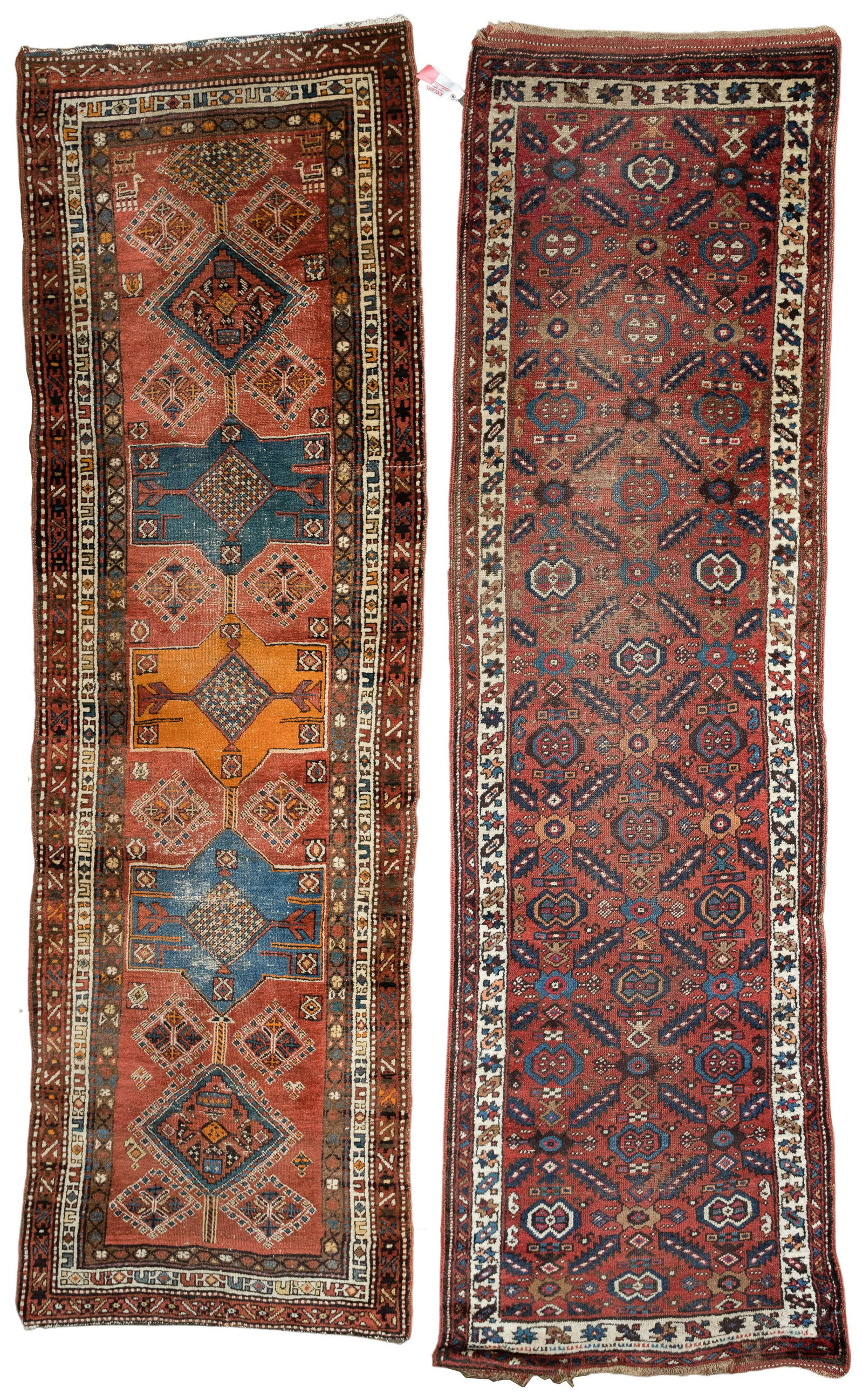 Persian Wool Rug Assortment: Persian Wool Rug Assortment (2) items including a runner in abstract design having hues of black, blue, white and cream on a wine background and fringe; and a runner in bright abstract medallion desig