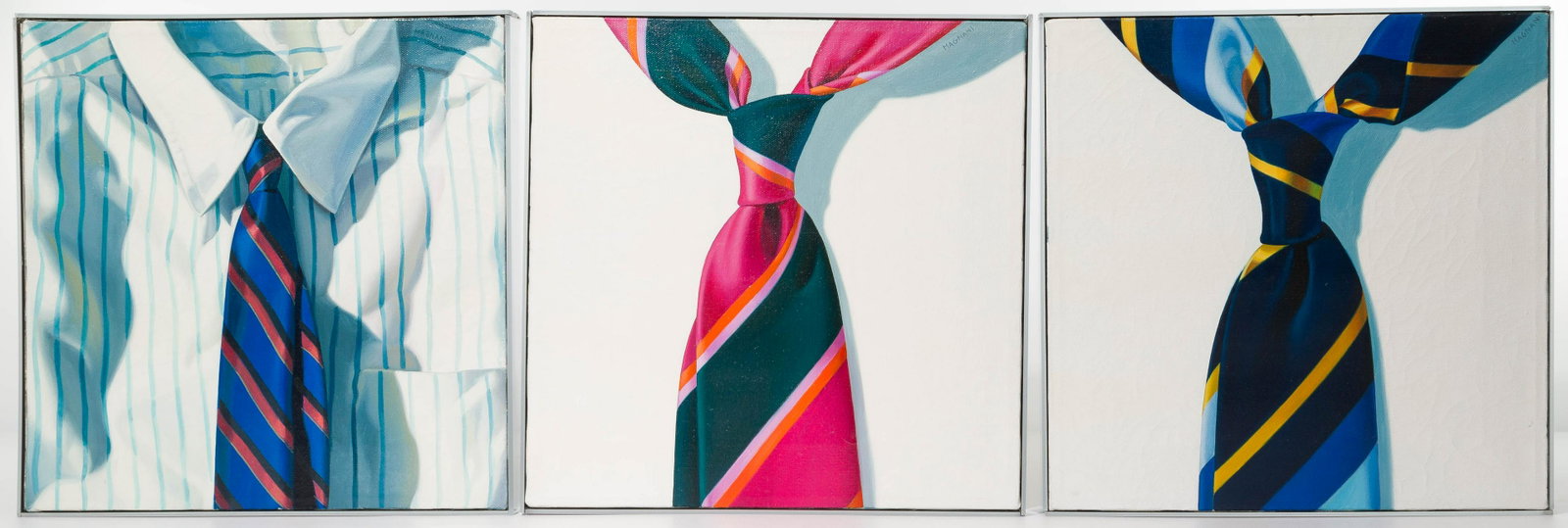 Alberto Magnani (Italian, b.1945) 'Tie' Acrylics: Alberto Magnani (Italian, b.1945) 'Tie' Acrylics on Canvas (3) items, undated, signed upper right and en verso, depicting knotted ties, having mirrored acrylic slat frames Height: 12 inches, Width: 12