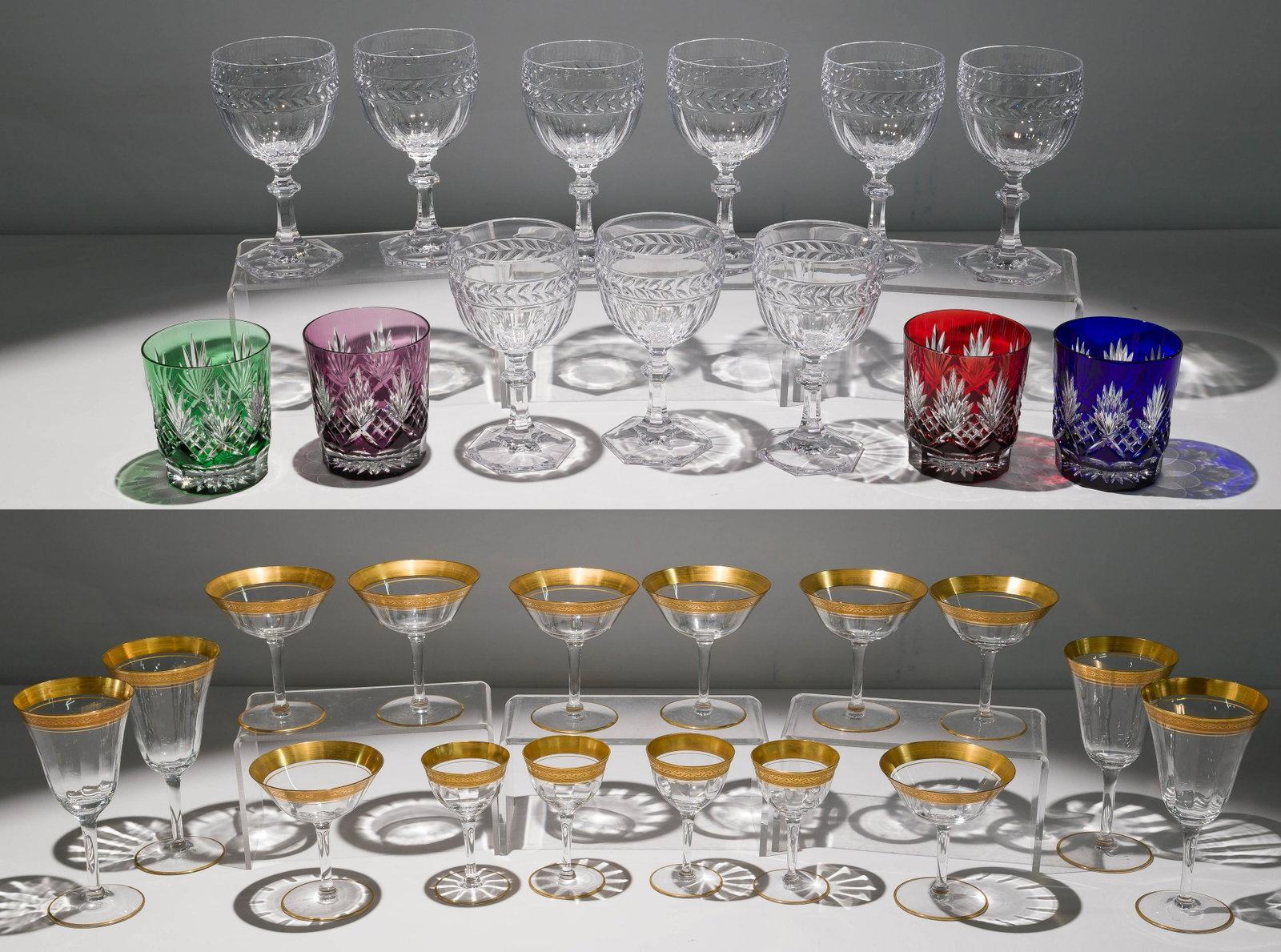 Villeroy & Boch 'Miss Desiree' Glass Assortment: Villeroy & Boch 'Miss Desiree' Glass Assortment (9) claret wine glasses marked Villeroy & Boch on underside; together with (4) cut-to-clear crystal rocks glasses, possibly unmarked Waterford; and gold
