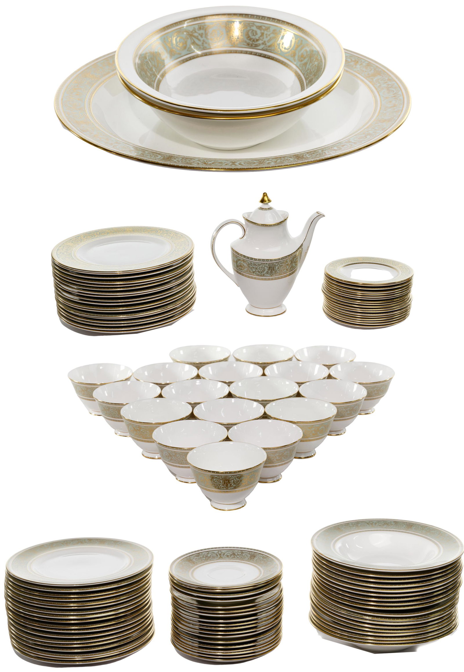 Royal Doulton 'English Renaissance' Bone China Service: Royal Doulton 'English Renaissance' Bone China Service (166) items including (18) dinner plates, (18) salad plates, (18) bread and butter plates, (18) rim soup bowls, (18) cups, (18) saucers, (2) oval