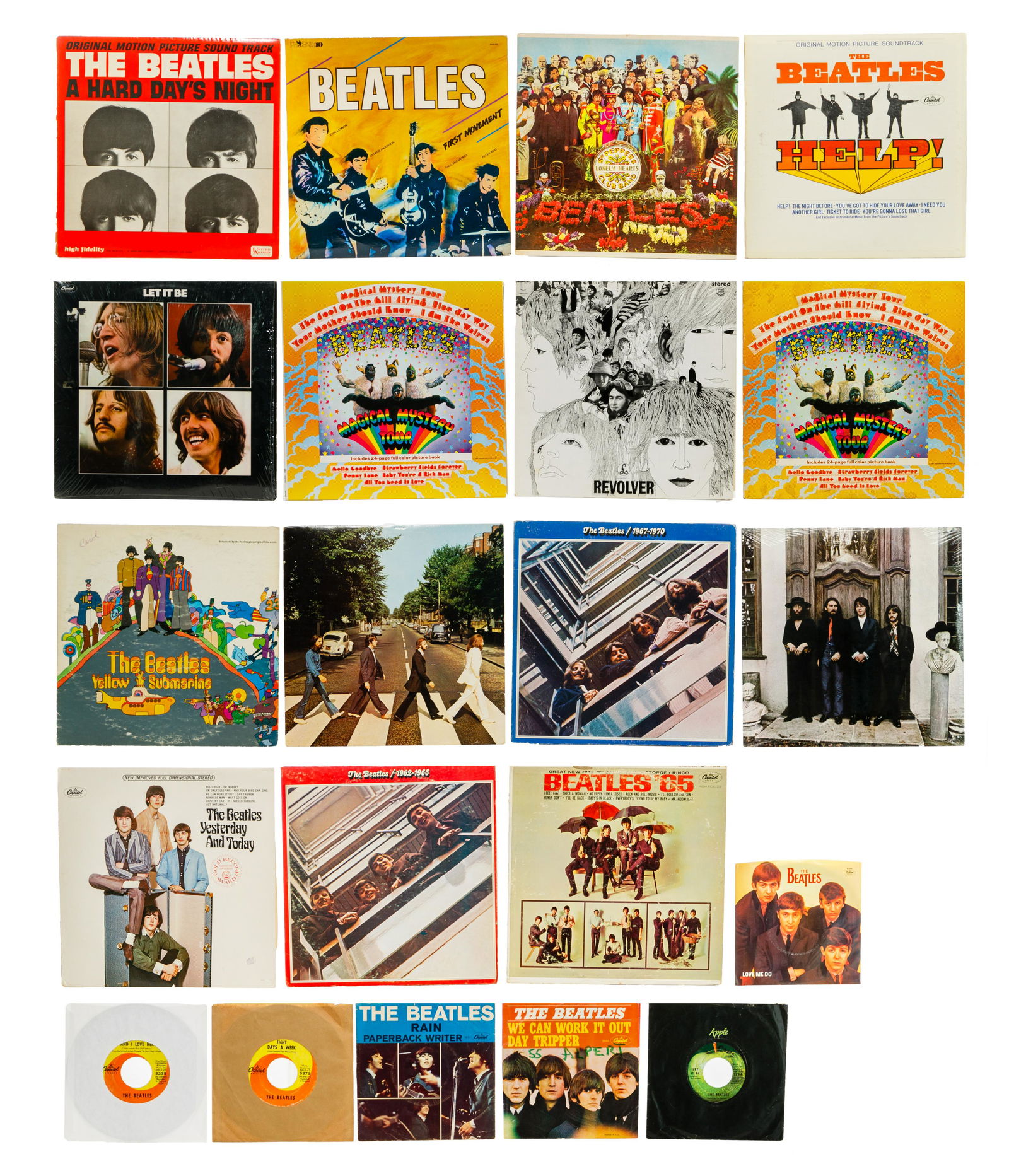 Beatles Vinyl Record Assortment: Beatles Vinyl Record Assortment (21) items with (15) albums including 1979 'Let it Be' having poster, purple Capitol label, SW 11922, in cellophane; 1975 'Abbey Road', purple Capitol label, SO 383; 19