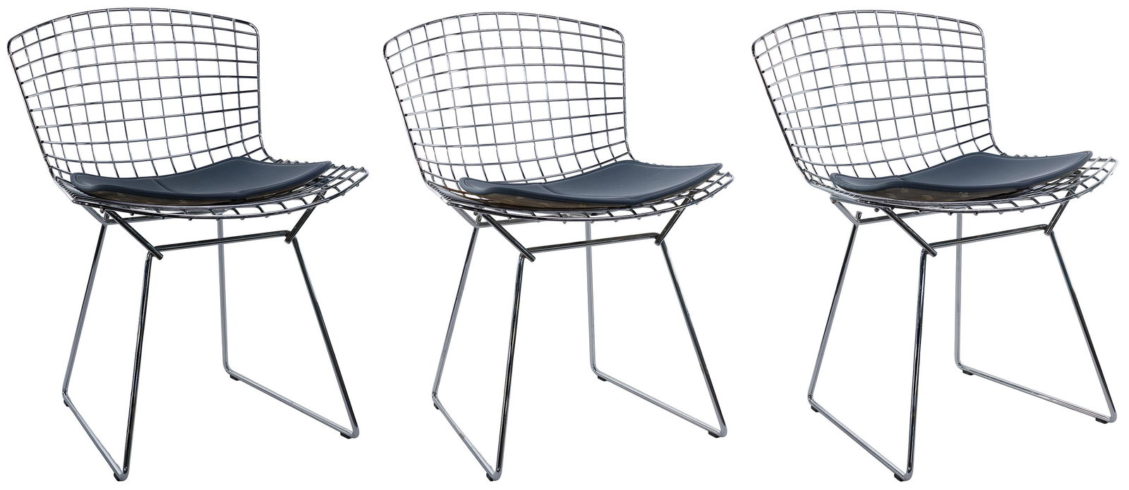 MCM Harry Bertoia for Knoll Chair Collection: MCM Harry Bertoia for Knoll Chair Collection (3) chrome frame waffle side chairs having blue cushions; Knoll printed on underside of every cushion and etched into the top back chair brace Height: 28 1