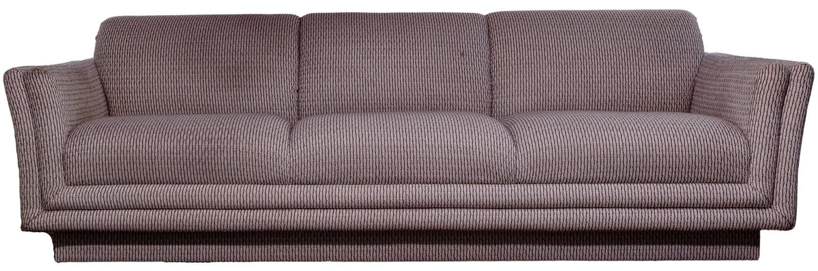 Weiman Upholstered Sofa: Weiman Upholstered Sofa Having free-form black striping with grey over-stitching atop a lighter grey field and an upholstered platform base; maker label on underside Property from: a Deerfield, Illino