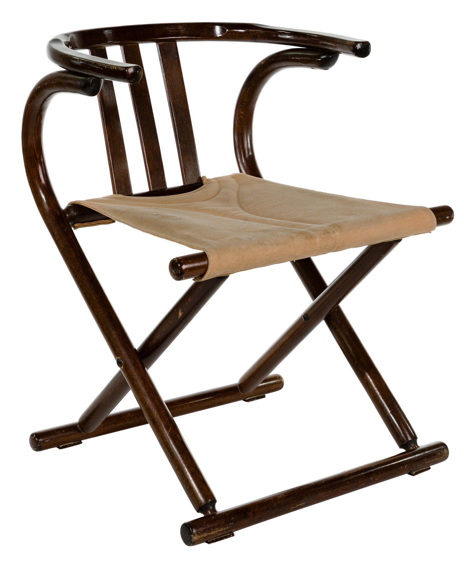 Thonet-style Bentwood Folding Chair: Thonet-style Bentwood Folding Chair Mid-20th century; having a curved back and a padded canvas seat Height: 26 inches, Width: 19 3/4 inches, Depth: 17 1/2 inches Condition: Very Good, overall light we
