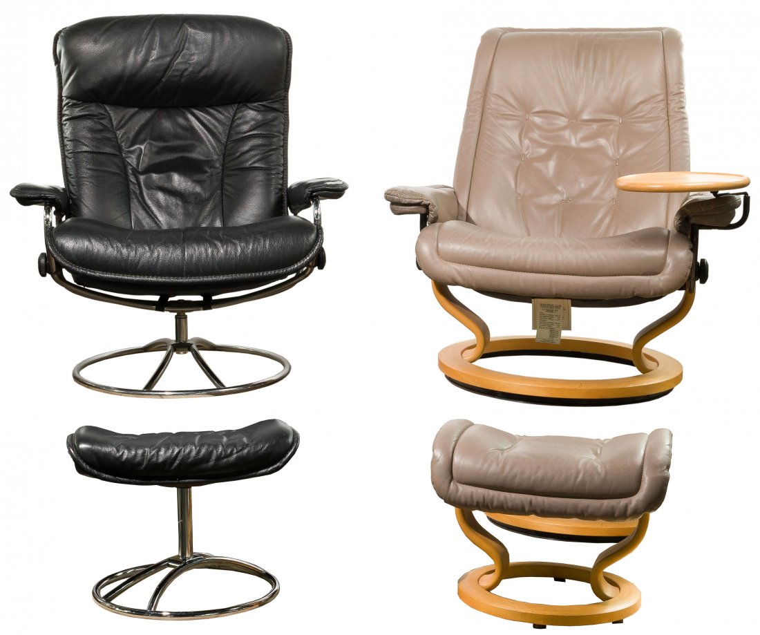 MCM Ekornes Stressless Upholstered Leather Chairs and: MCM Ekornes Stressless Upholstered Leather Chairs and Ottoman Sets (2) sets including No.715, item #11085109319 black leather chair and ottoman with chrome base bases; and item No.26026331 leather cha