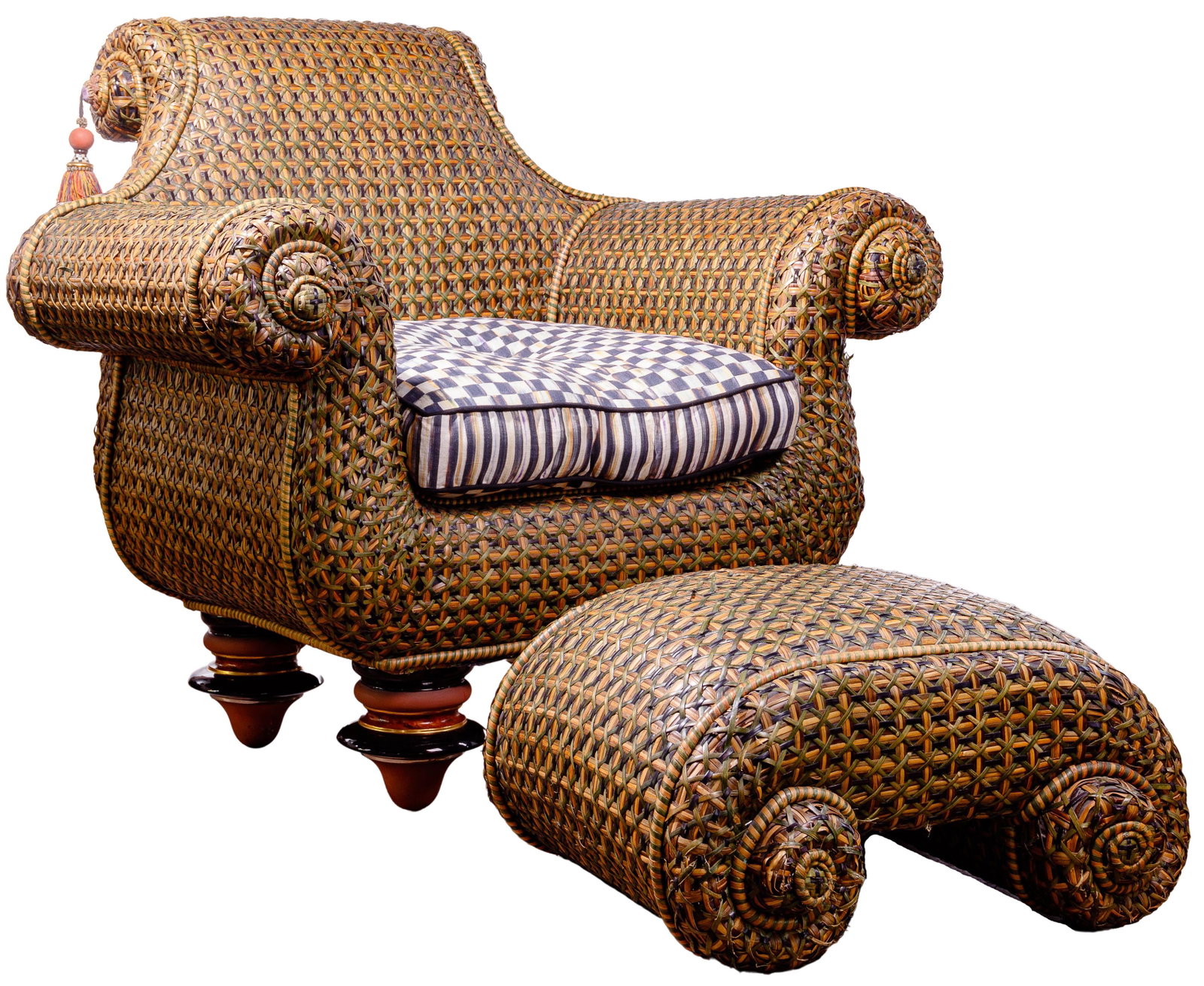 Mackenzie Childs Wicker Chair and Ottoman: Mackenzie Childs Wicker Chair and Ottoman 1995, having green, black and natural reeds, chair having scrolled arms and back, hand painted tassels hanging from scrolls on top, custom checkered cushion, 