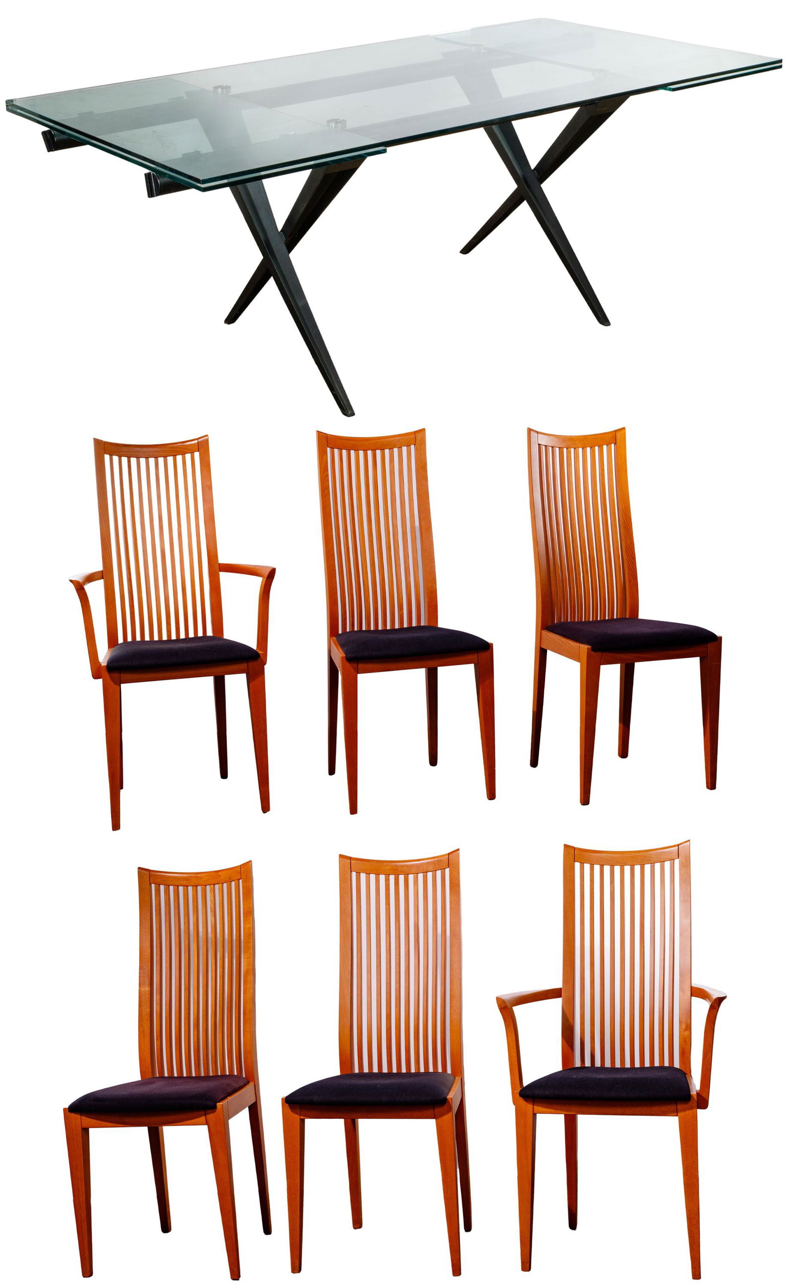 Expandable Glass Dining Table and Potocco Chairs: Expandable Glass Dining Table and Potocco Chairs Having plate glass sitting on a X-style chopstick shaped black metal frame with (2) 20-inch leaves tucked away to be pulled out and locked in place whe