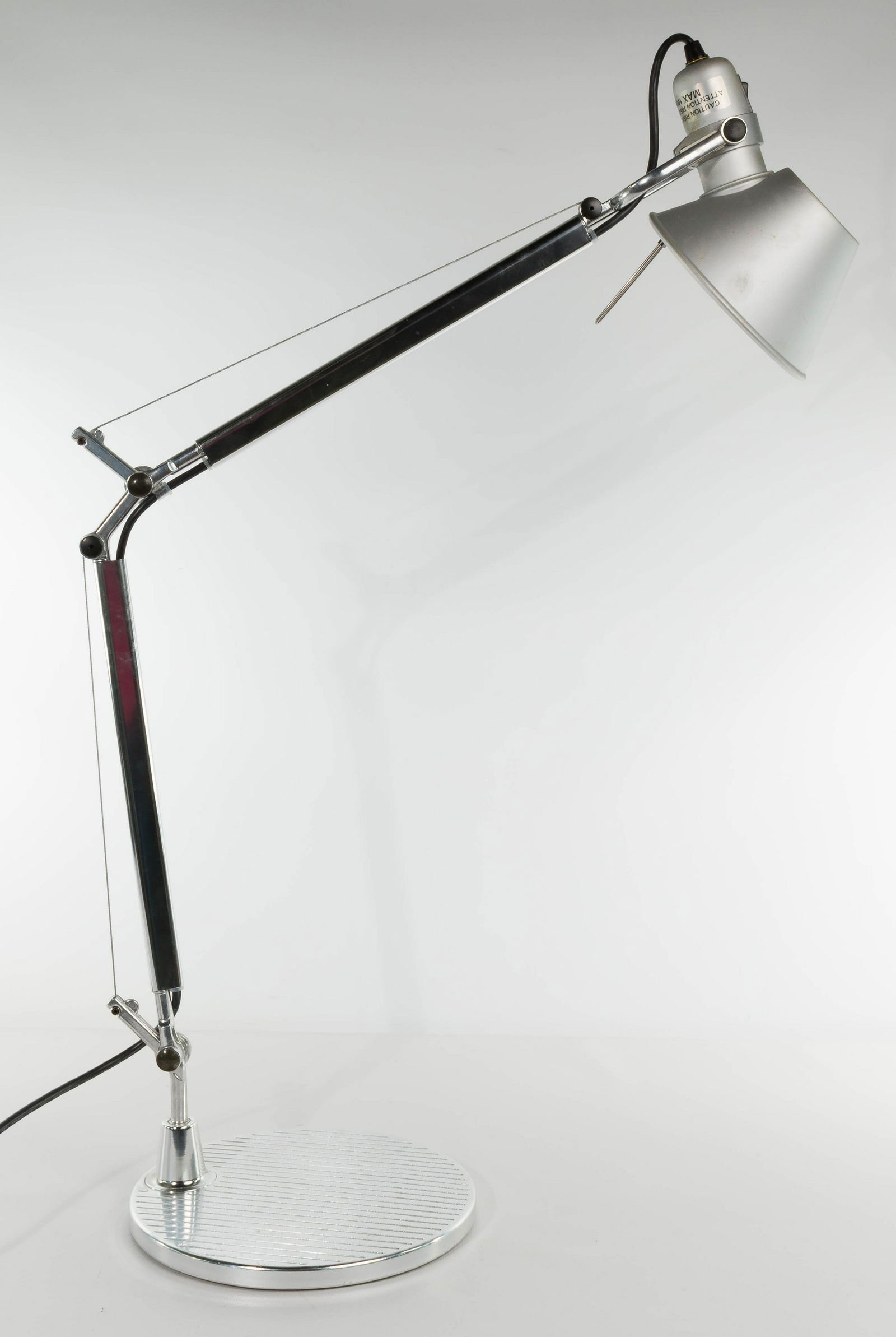 De Lucchi & Fassina for Artemide 'Tolomeo Mini' Desk: De Lucchi & Fassina for Artemide 'Tolomeo Mini' Desk Lamp Italian designed, chrome plated metal cantilever suspended by wire with ribbed round base, conical shade rotates having 100 watt type-A tubula