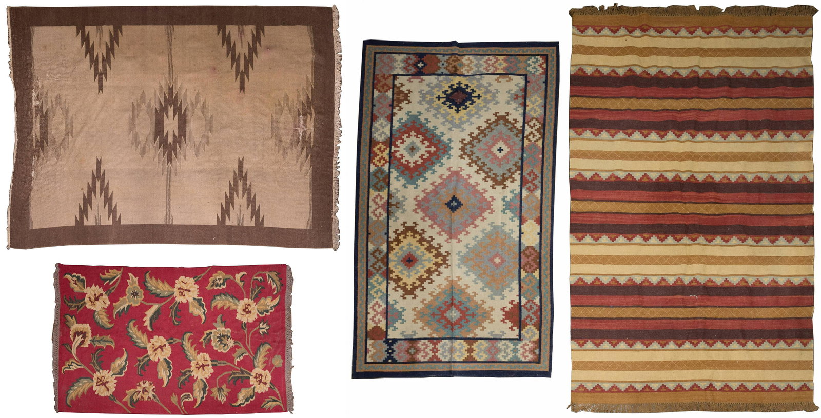 Wool Rug Assortment: Wool Rug Assortment (2) items including a Native American Indian style having gray on gray motif with fringe; and an Aubusson style flatweave having a floral pattern in hues of cream, green, black and