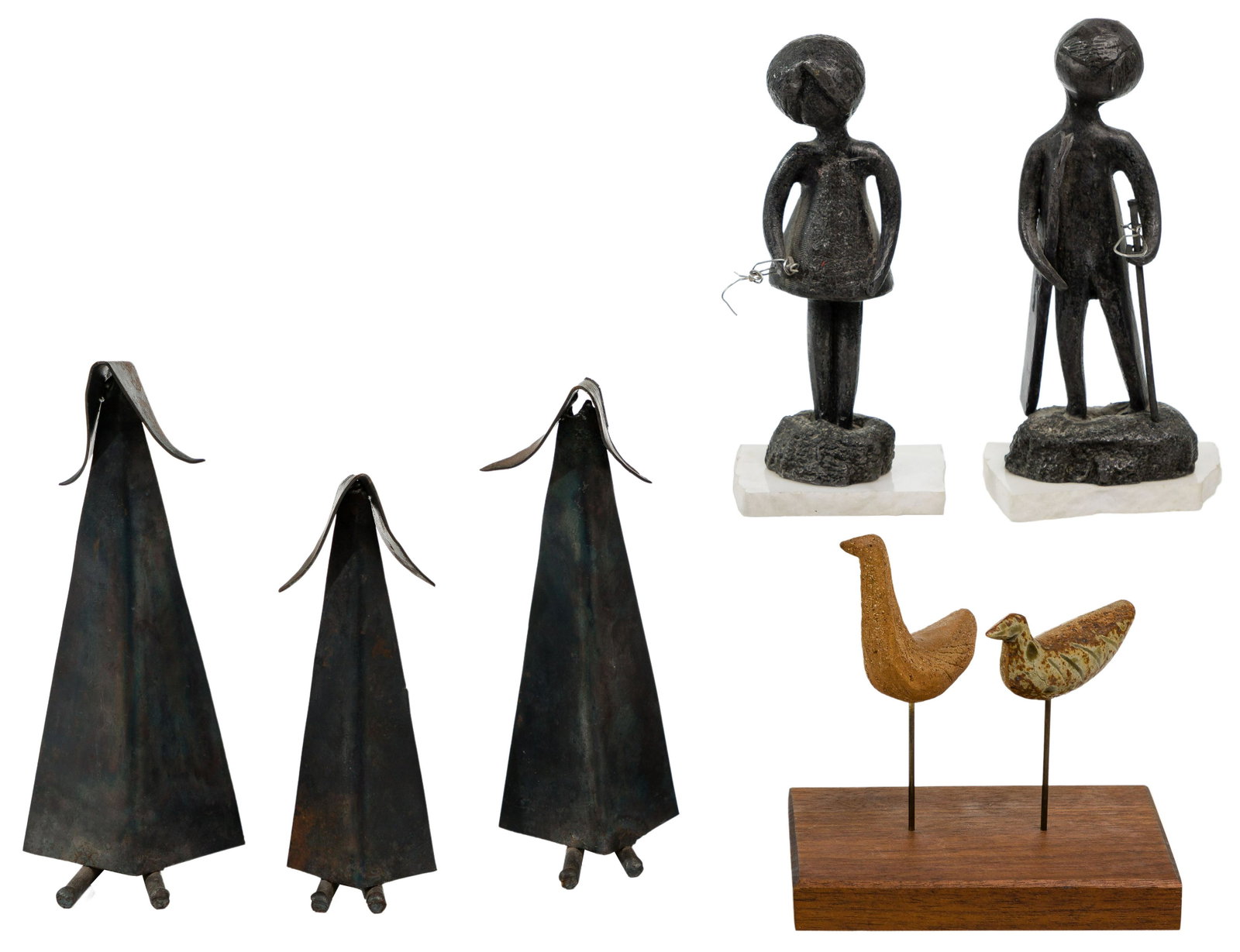 MCM Sculpture Assortment: MCM Sculpture Assortment (6) items including (3) unsigned, fabricated steel figures representing nuns or women in traditional bonnets; an unsigned pair of ceramic shore birds supported on wire set in 