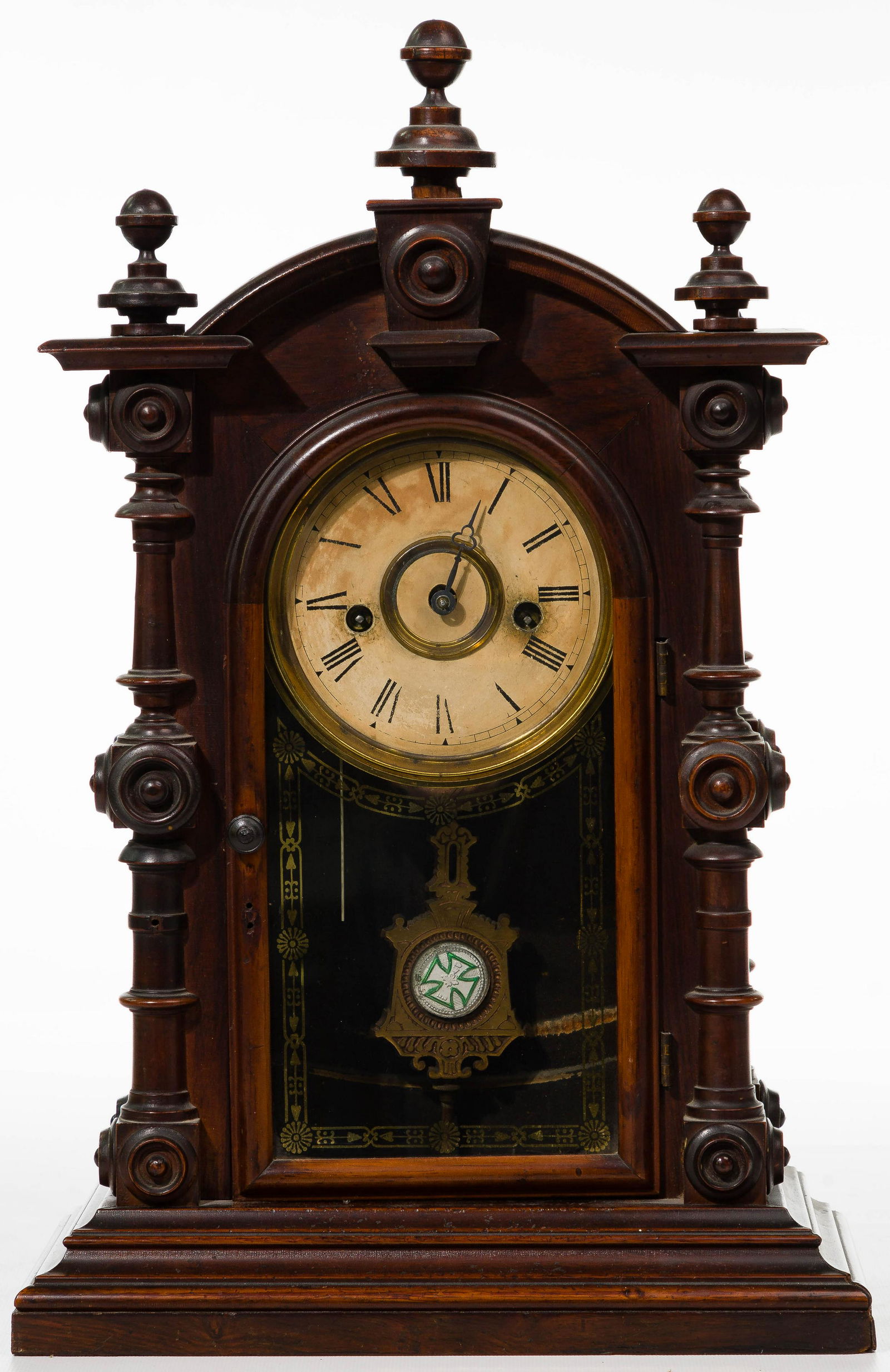 Welch and Spring Company: Welch and Spring Company 'Patti' Shelf Clock Late 19th century having rosewood case, 8-day time and strike movement, paper dial, brass 'Iron Cross' symbol on pendulum; partial maker information paper