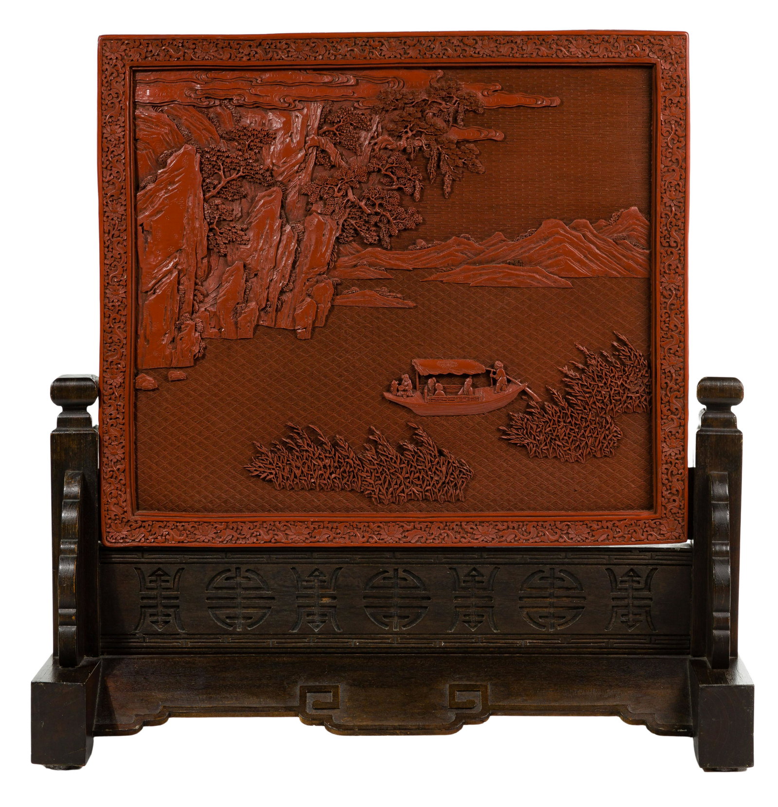 Chinese Cinnabar Red Lacquer Table Screen: Chinese Cinnabar Red Lacquer Table Screen Cinnabar plaque depicting (3) dragons striding amidst flames and clouds in pursuit of the flaming pearl with crashing waves; other side depicting a mountain a
