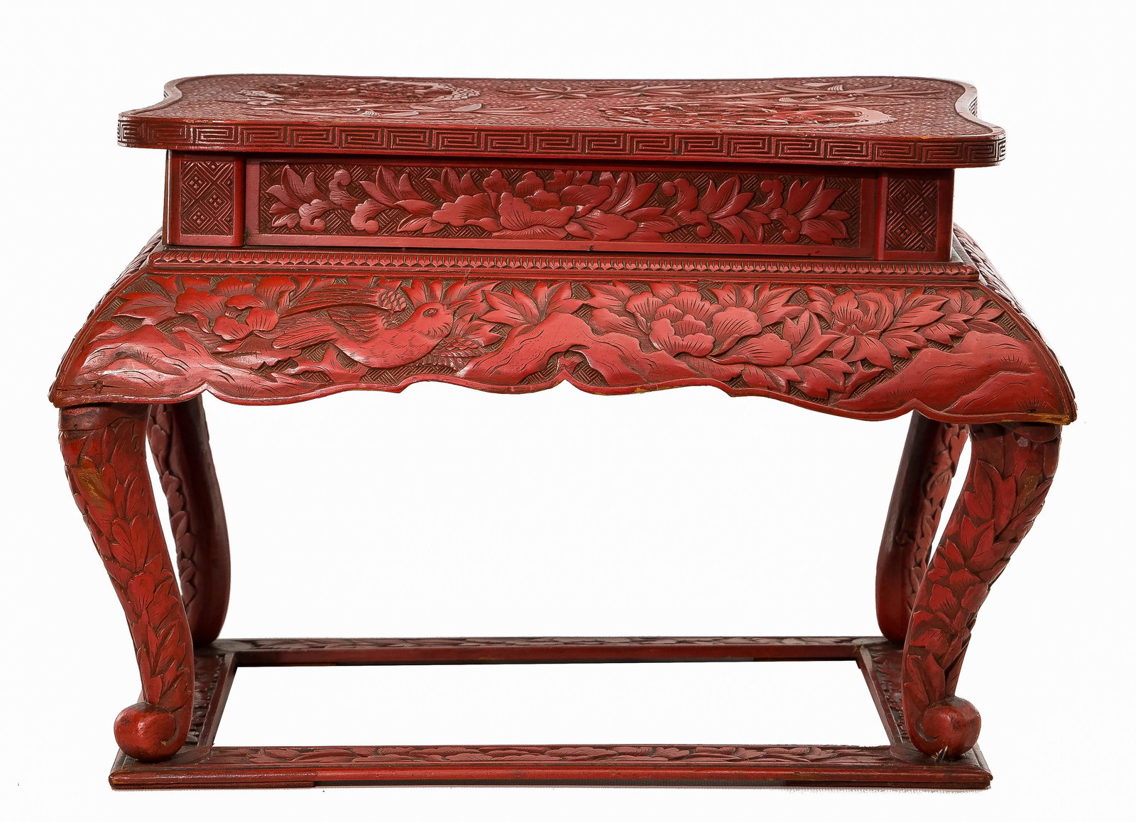 Chinese Cinnabar Stool: Chinese Cinnabar Stool Top carved in high relief having a botanical scene, aprons having birds, flower heads and vines carried down the carved cabriole legs, feet joined by carved stretchers at the ba