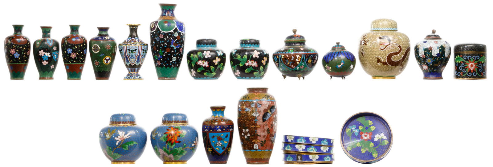 Asian Cloisonne and Jar Assortment: Asian Cloisonne and Jar Assortment (18) items including (9) lidded jars, (8) vases and a coaster set; primarily botanical motifs Property from: a St. Charles, Illinois estate Height: 7 1/4 inches (tal