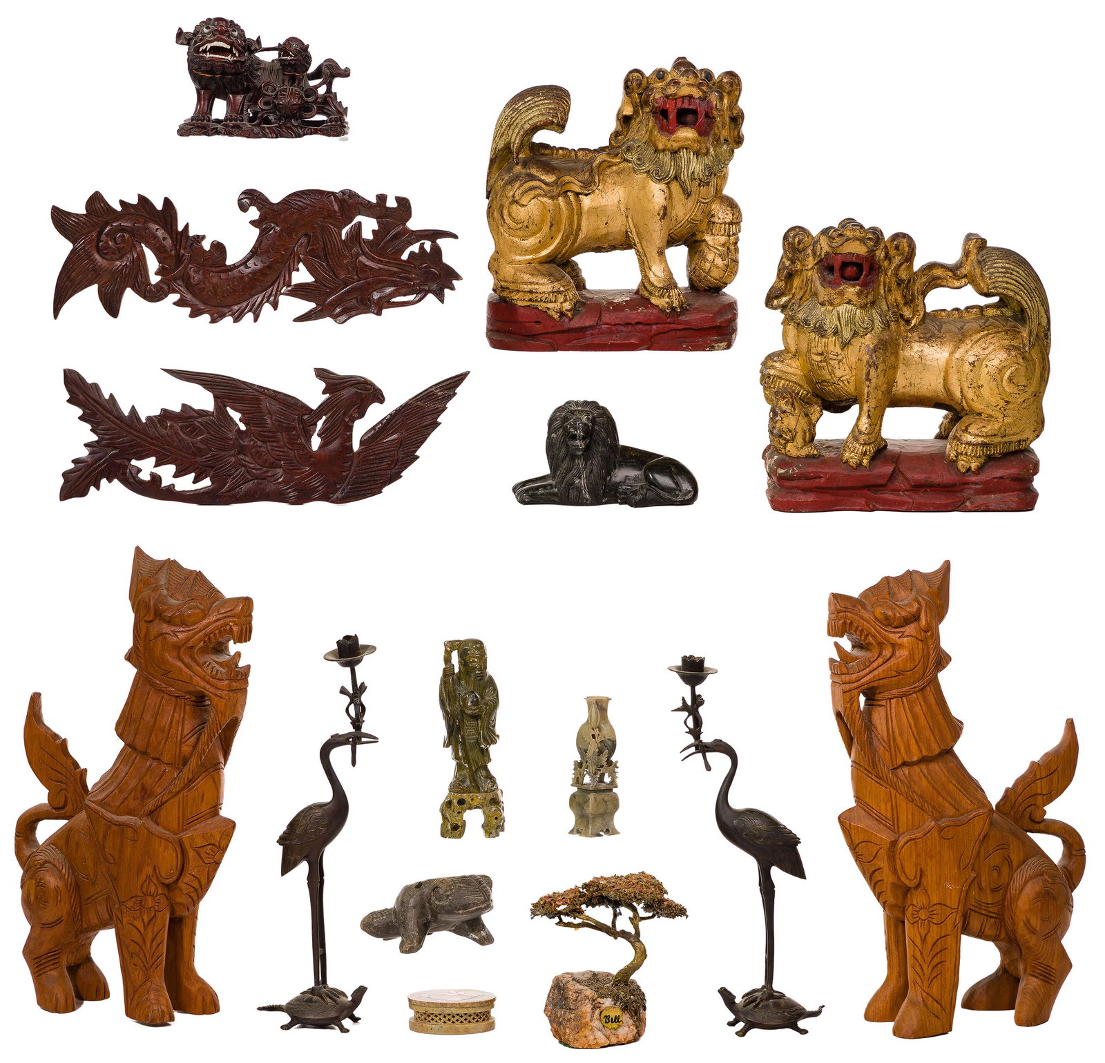 Chinese Foo Dogs, Wood, Soapstone and Metal Assortment: Chinese Foo Dogs, Wood, Soapstone and Metal Assortment (15) items including a pair of carved gilt Foo dogs having painted red mouths and bases; a pair of tall carved light wood Foo dogs; carved dark w