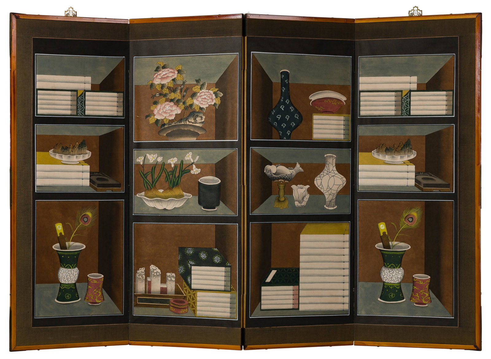 Korean 'Chaekgori' Hidden Seal Folding Screen: Korean 'Chaekgori' Hidden Seal Folding Screen Undated; two red artist seals lower left corner on the second panel from the left; ink and watercolors on paper; four panel screen; two outside panels hav
