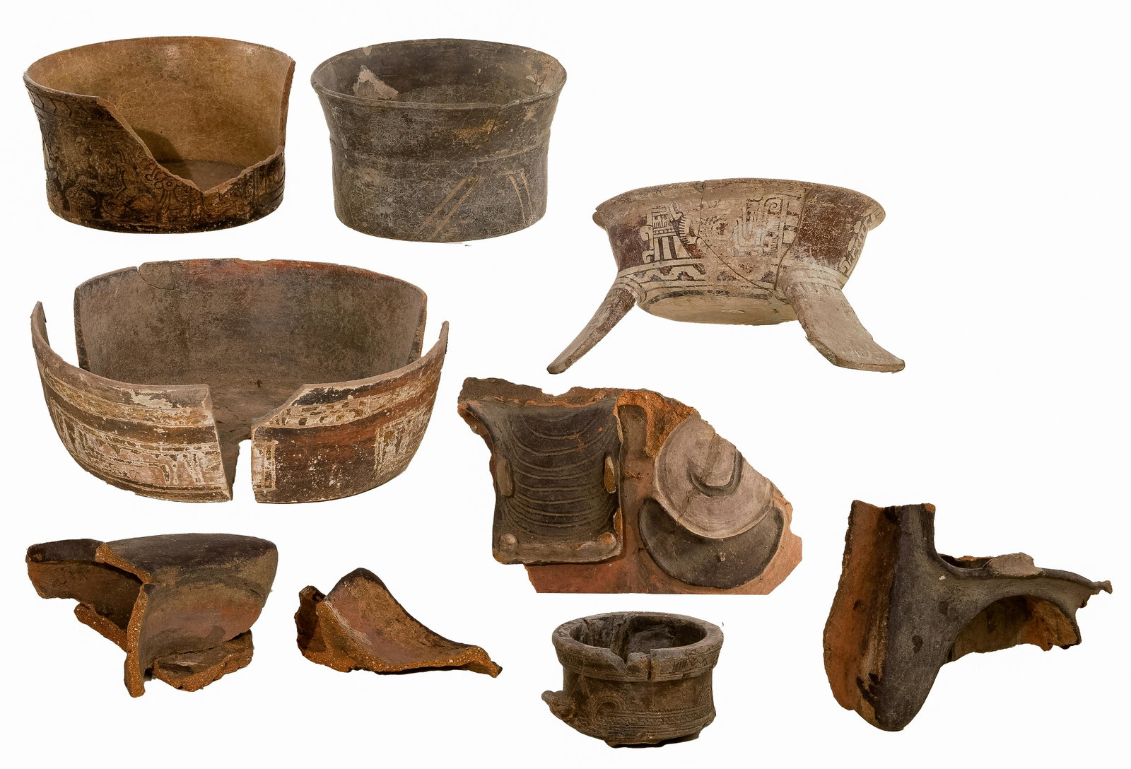 Pre-Columbian Pottery Assortment: Pre-Columbian Pottery Assortment (6) items including (2) Mayan pots having incised decoration and assembled from fragments; (2) broken incised Mayan items; a broken Mixtec style tripod bowl having rel