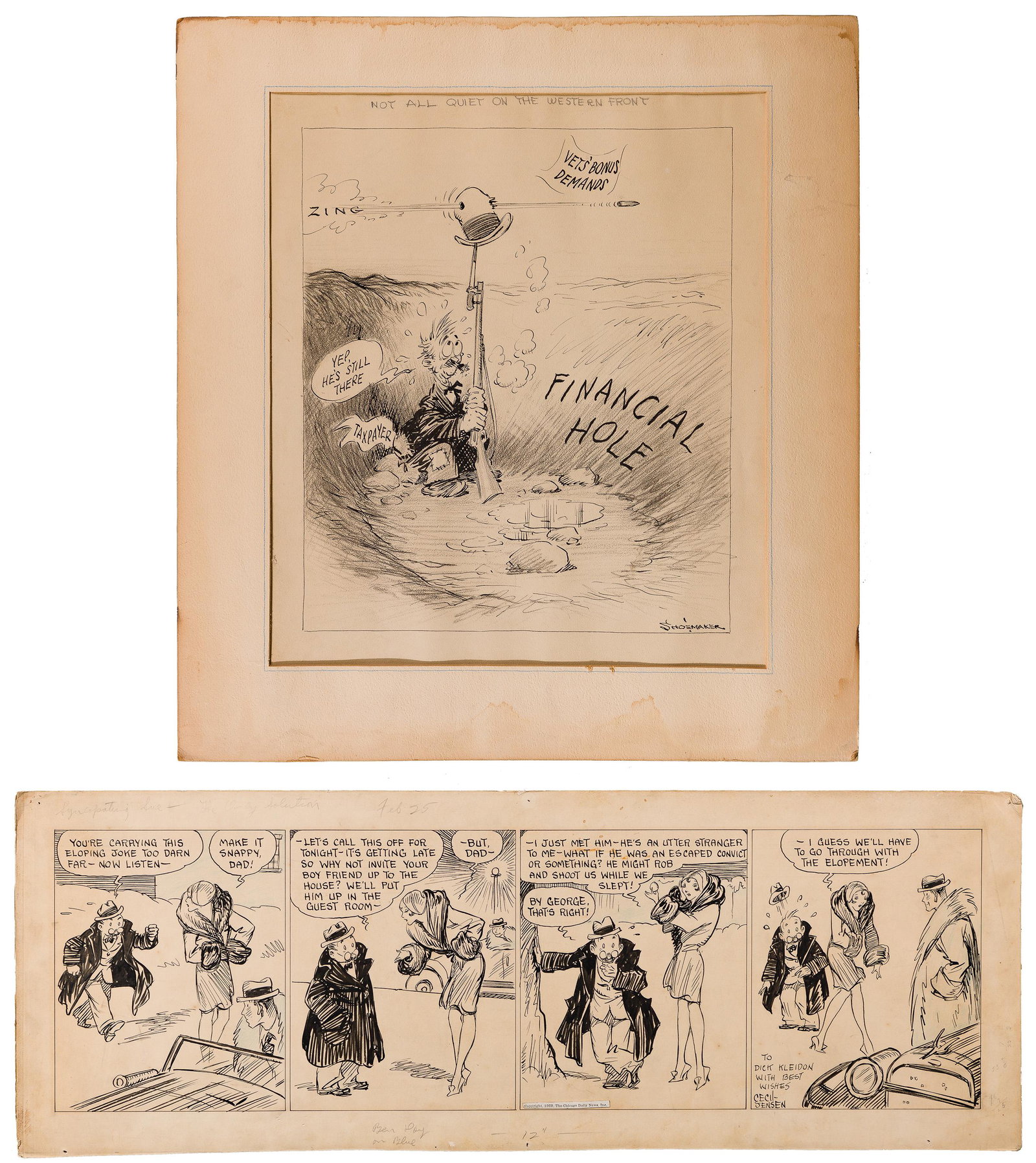'Chicago Daily News' Ink on Paper Comics: 'Chicago Daily News' Ink on Paper Comics (2) items including Cecil Jensen (American, 1902-1976) 4-panel strip from 'Syncopating Sue' entitled 'The Only Solution', 1929, signed and personally inscribed