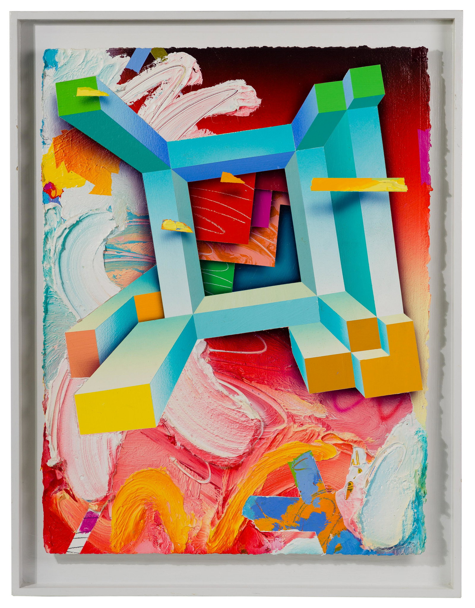 George D. Green (American, B.1943) 'Chora Savakian: George D. Green (American, B.1943) 'Chora Savakian Suite #5' Mixed Media on Paper 1990, signed en verso, brightly colored abstract depicting geometric and wave 3-dimetional areas; shadow box style woo