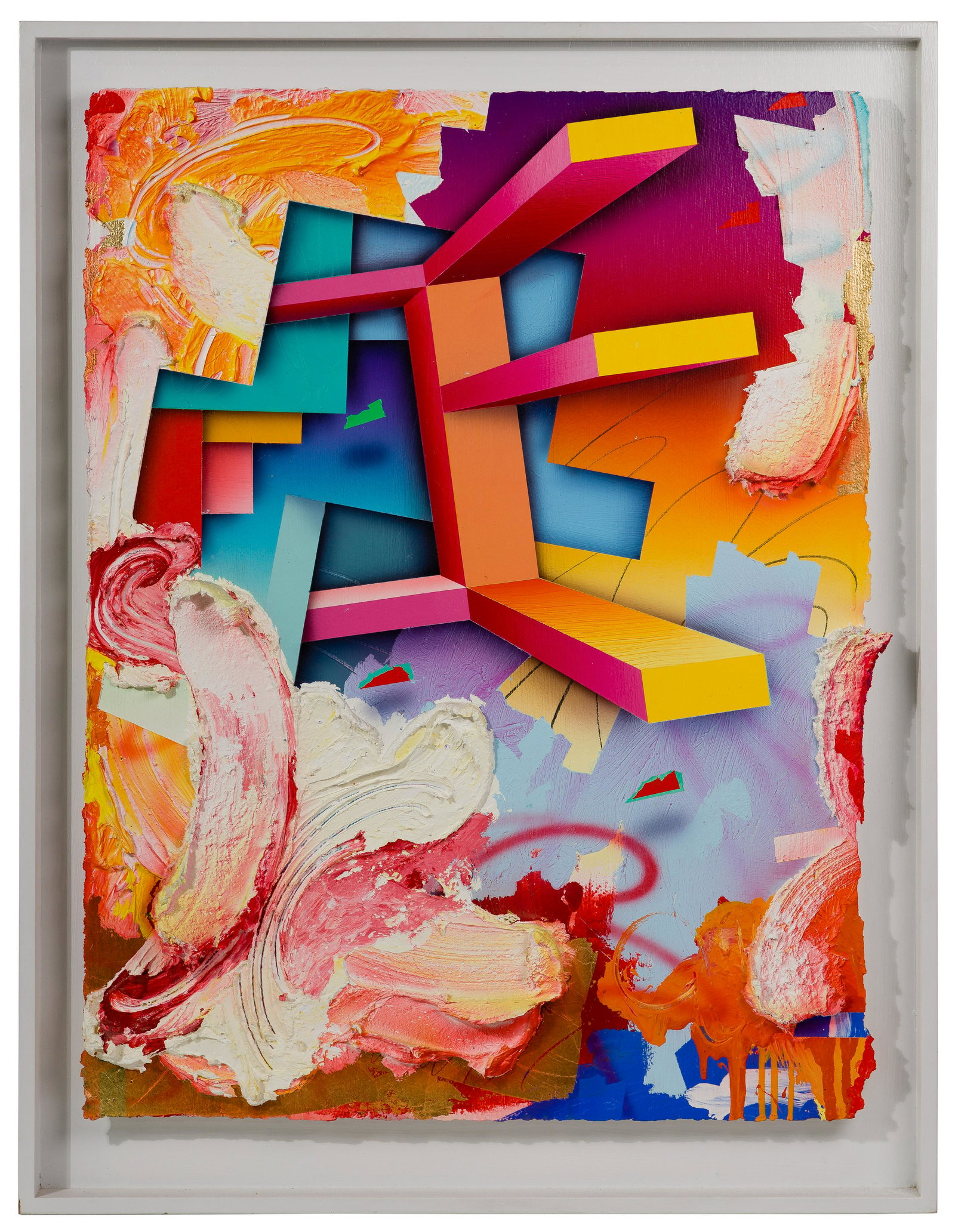 George D. Green (American, B.1943) 'Chora Savakian: George D. Green (American, B.1943) 'Chora Savakian Suite #16' Mixed Media on Paper 1990, signed en verso, brightly colored abstract depicting geometric and wave 3-dimentional areas; shadow box style w