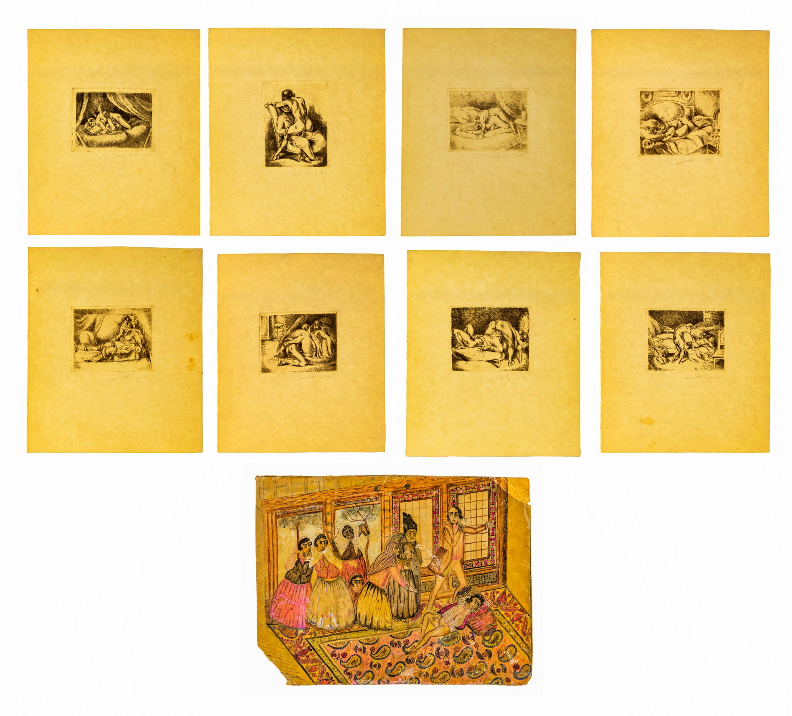 Manuel Robbe (French, 1872-1936) Erotic Etchings: Manuel Robbe (French, 1872-1936) Erotic Etchings (8) items, undated, each signed lower right margin; together with an Indo-Persian gouache on vellum mounted to cardboard; all depicting different eroti