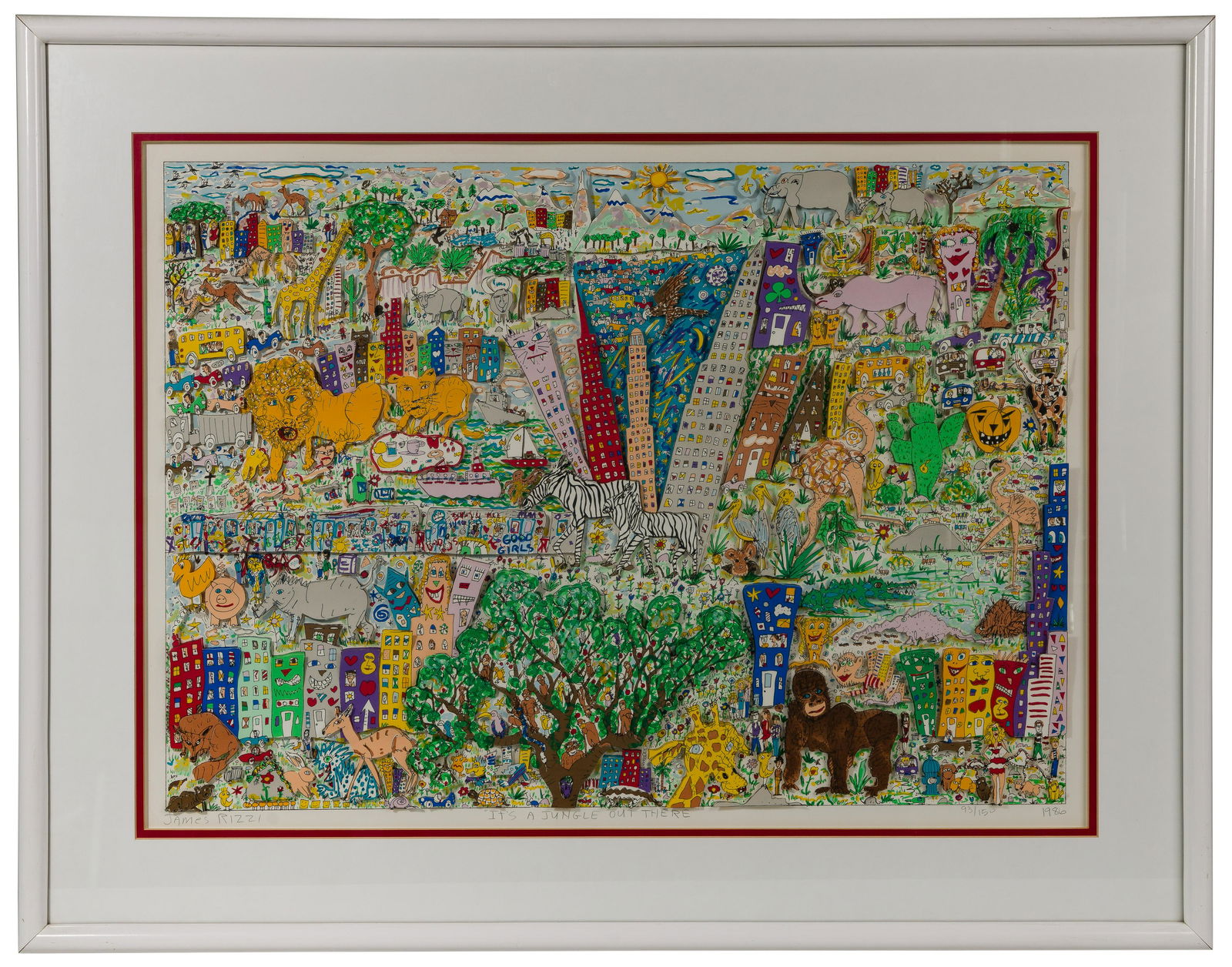 James Rizzi (American, 1950-2011) 'It's a Jungle Out: James Rizzi (American, 1950-2011) 'It's a Jungle Out There' Serigraph with Collage 1986, pencil signed lower left, titled lower mid-margin and #93/150 lower right; depicting a 3-dimensional collage of
