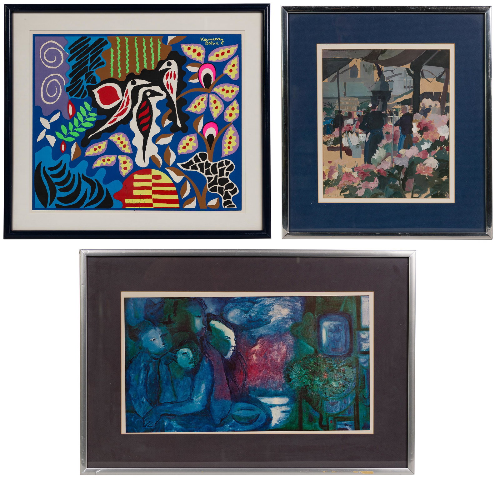 Kennedy Bahia (Chilean, 1929-2005) Serigraph: Kennedy Bahia (Chilean, 1929-2005) Serigraph Undated, signed upper right, depicting a colorful floral and bird scene, under glass, white matting and navy frame; together with (after) Fernando Belain (