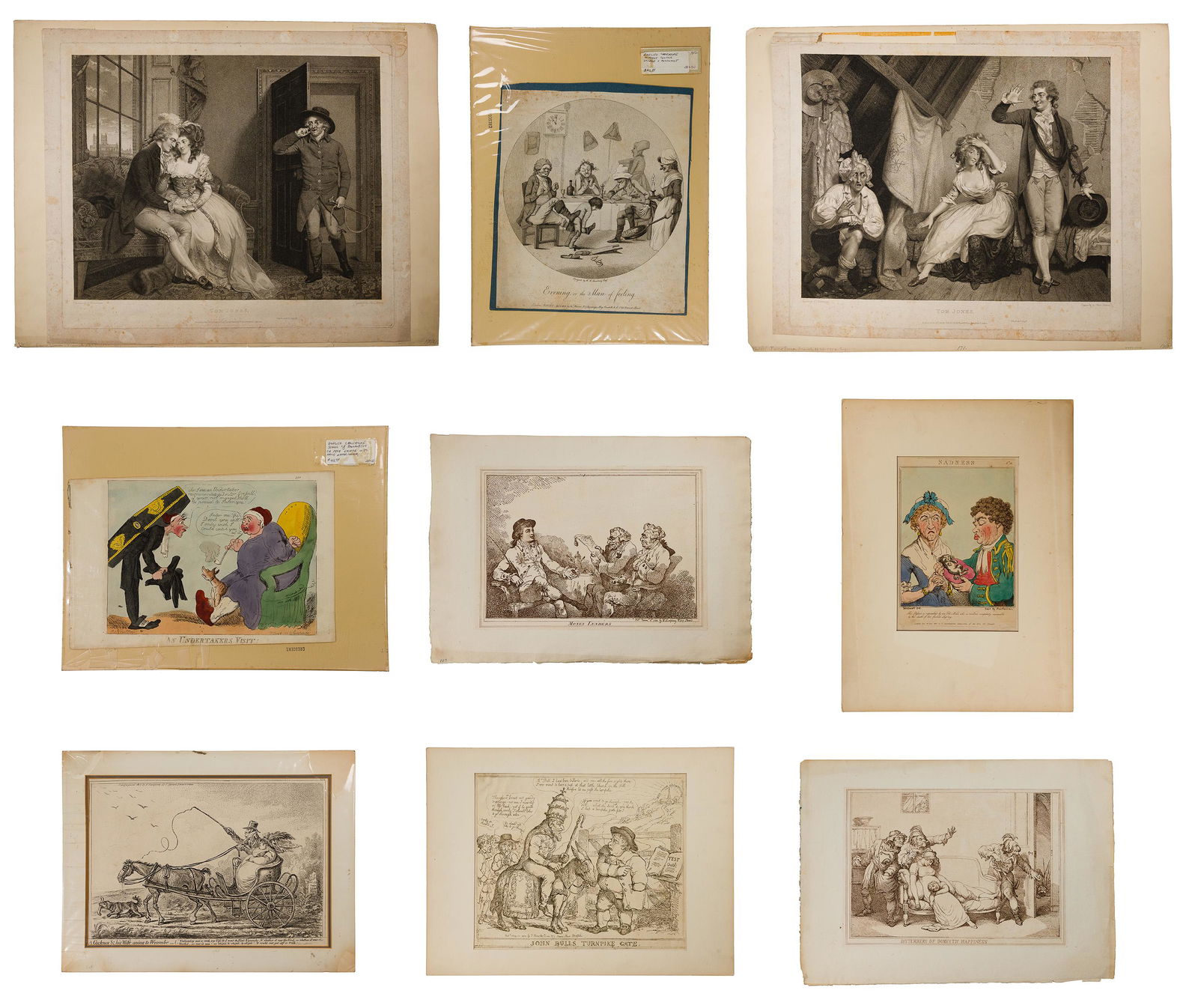 English Print Assortment: English Print Assortment (9) items including (2) Tom Jones scenes engraved by Peter Simon; (5) uncolored satire engravings, 'Money Lenders', 'Disturbers of Domestic Happiness', 'John Bulls Turnpike Ga
