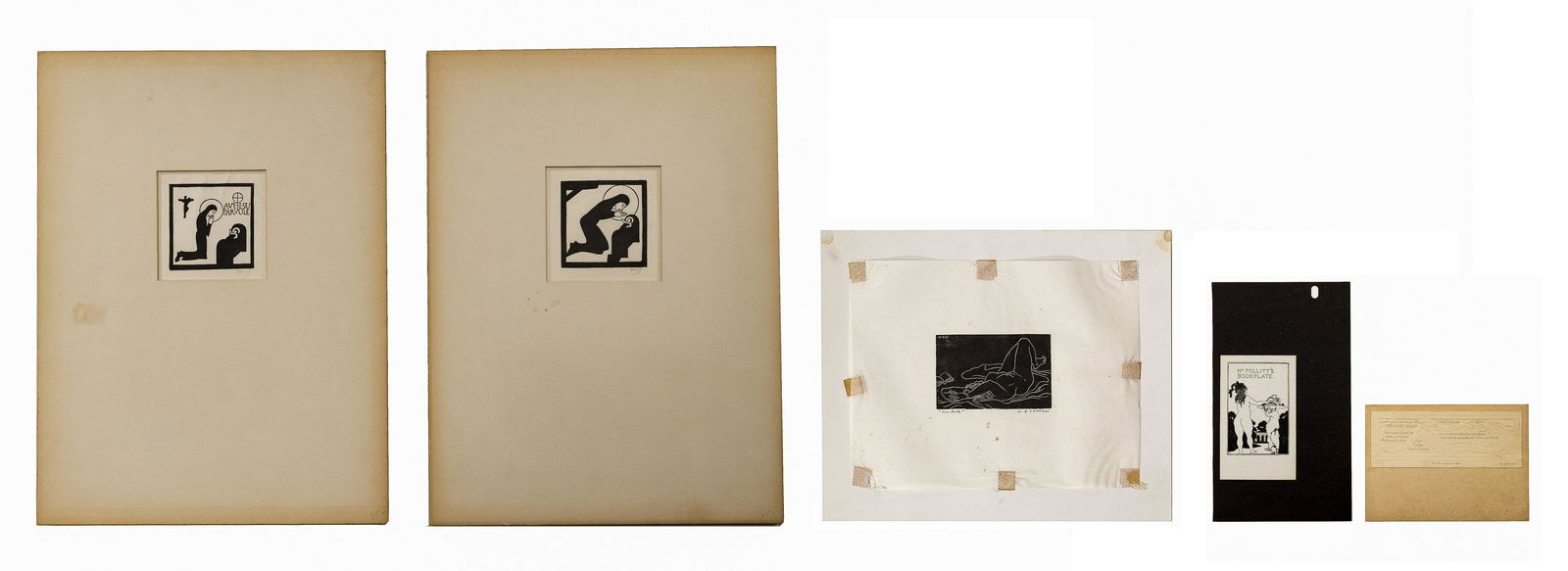 Miniature Woodcut Assortment: Miniature Woodcut Assortment Undated, including Eric Gill (British, 1882-1940), 'AVE-JESU PARVULE' and 'THE GALLOWS', each signed lower right margin, and 'The Recreation of Man' embossed postcard, pri