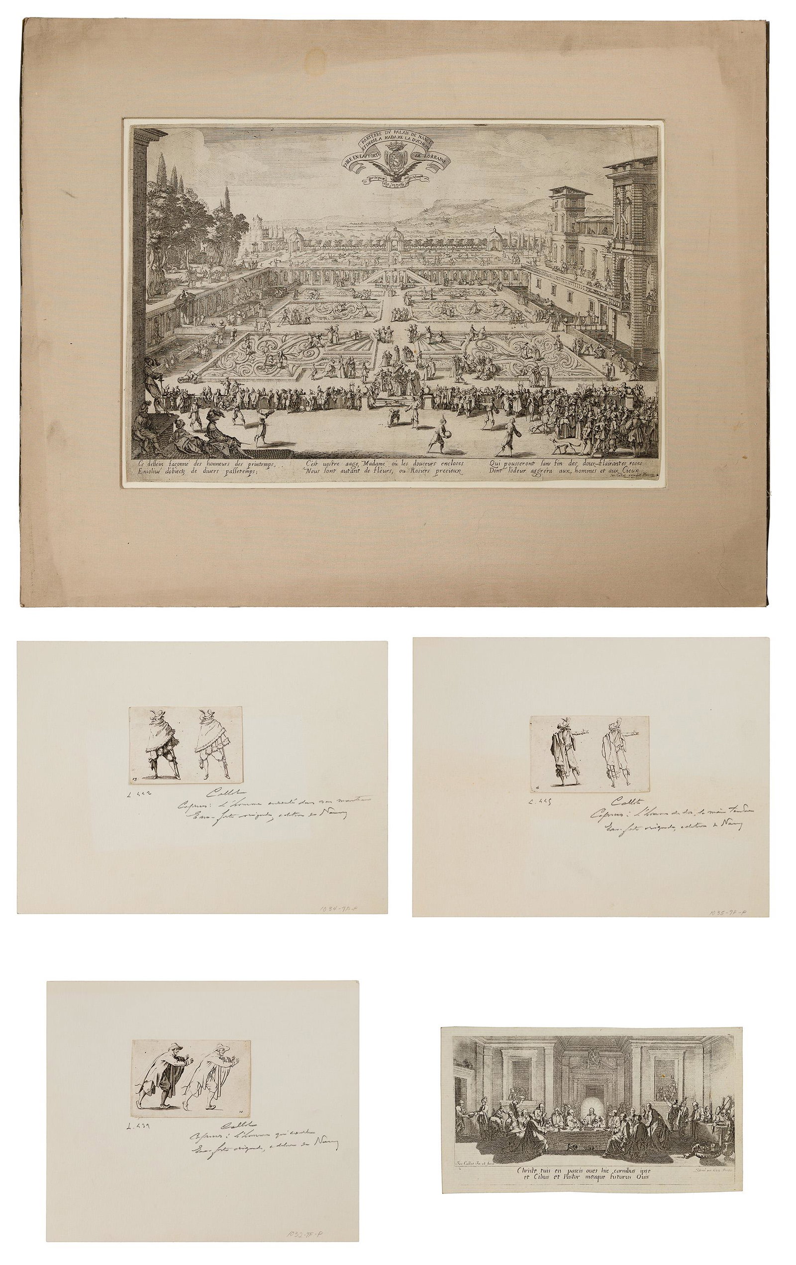 (After) Jacques Callot (French, 1592-1635) Etching and: (After) Jacques Callot (French, 1592-1635) Etching and Engraving Assortment (5) items including 'Parterre of the Palace Floor of Nancy' mounted on board in a silk mat; 'The Last Supper'; 'The Running 