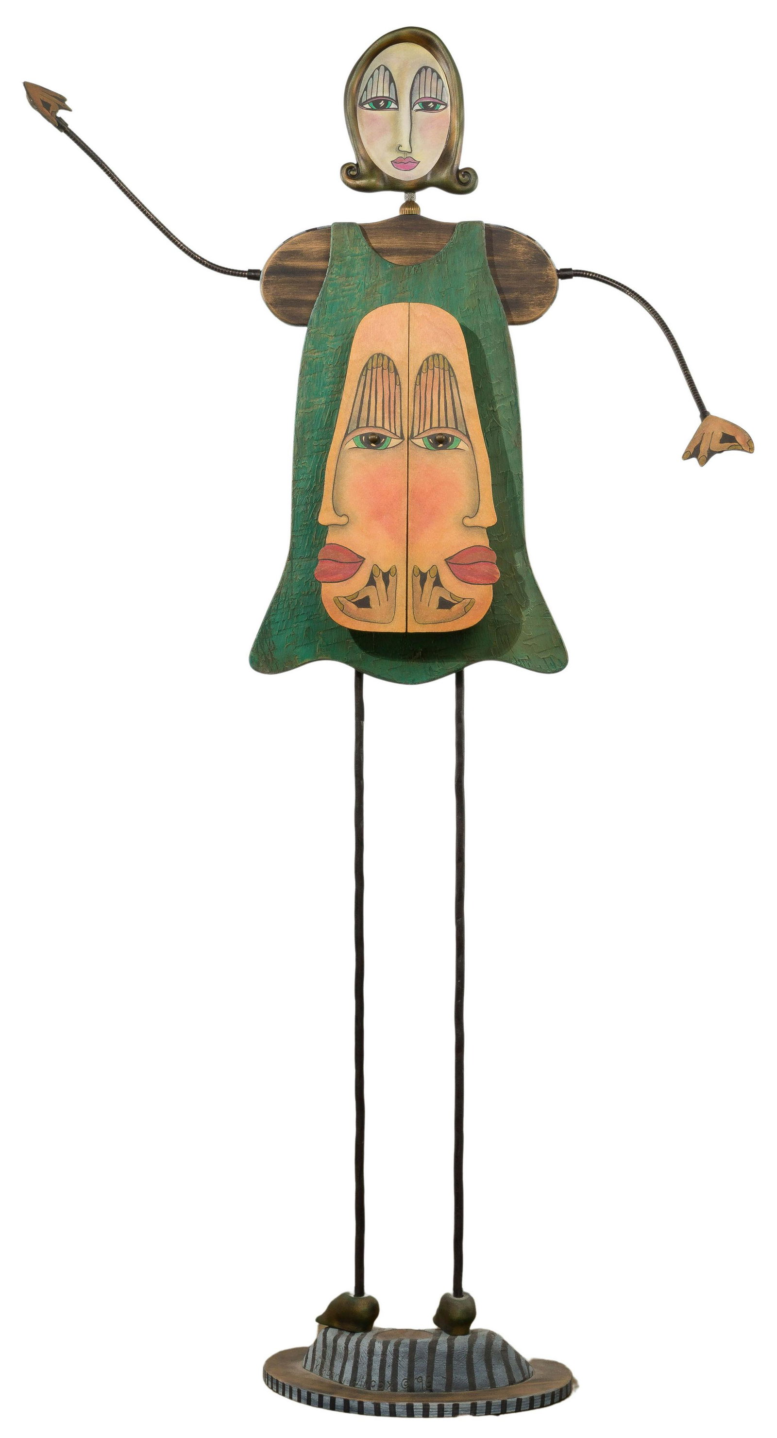 Kim Wilcox (20th Century) Jewelry Girl Stand: Kim Wilcox (20th Century) Jewelry Girl Stand 1996, signed on the bottom edge, depicting a metal and wood female figure with double door centered face with (5) pullout drawers Height: 54 inches, Width: