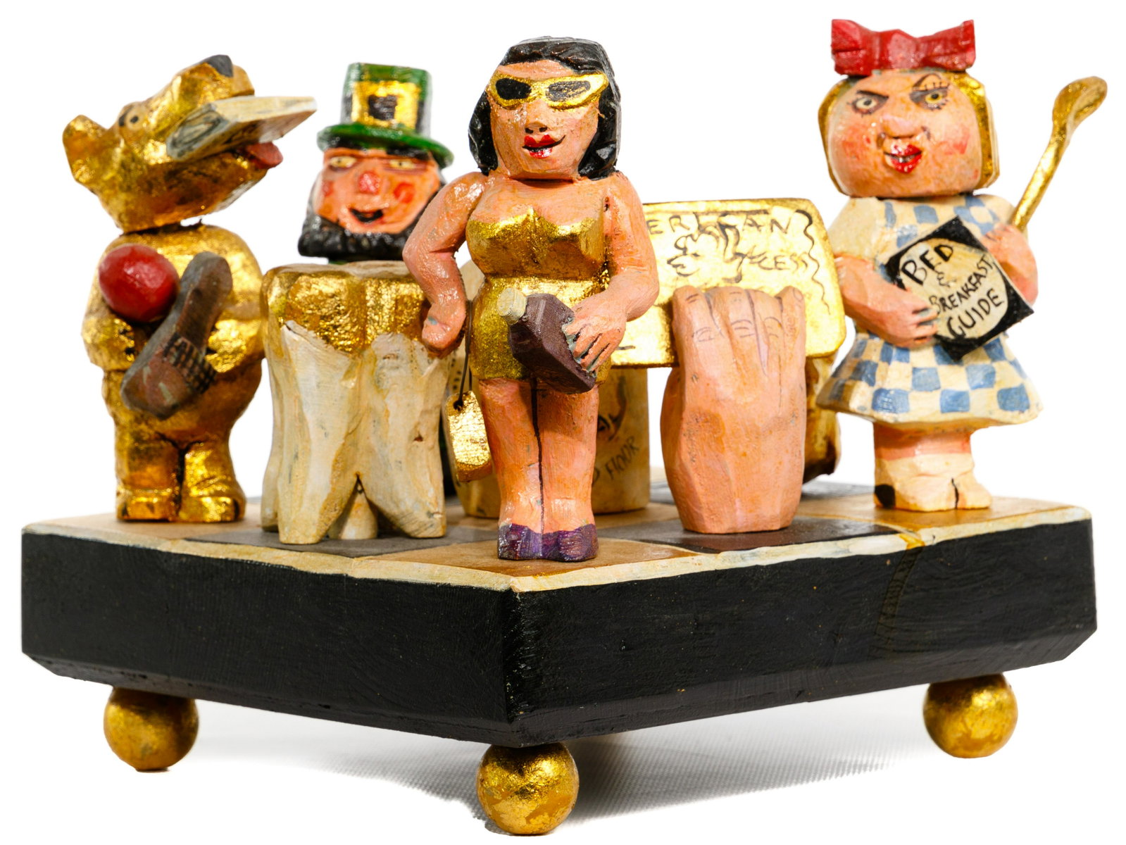 Constance Roberts (American, 20th Century) 'The Gold: Constance Roberts (American, 20th Century) 'The Gold Game' Painted Wood Whistle Sculpture 1997, signed on underside of game board and on each piece; including (9) figural, gold themed whistles display